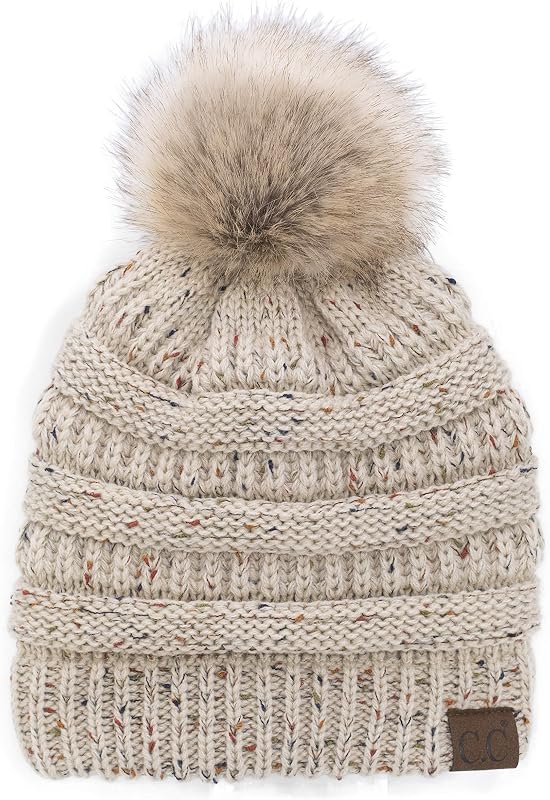 C.C Trendy Fuzzy Fleece Lined Warm Comfortable Soft Stretch Cable Knit Ribbed Faux Fur Pom Pom Beanie Hat