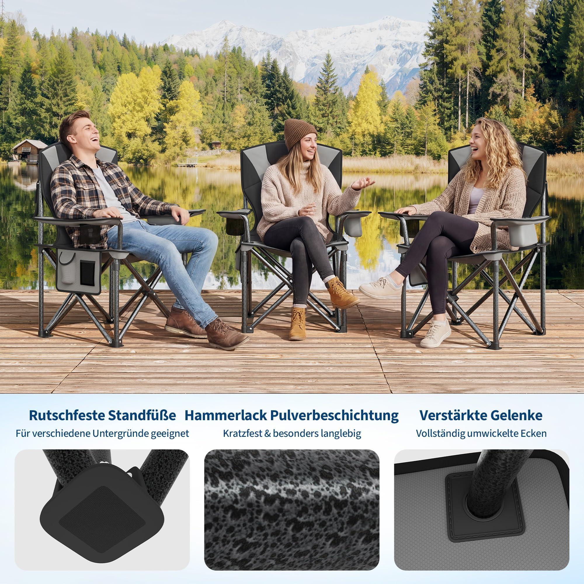 GarveeTech Sillas De Camping Plegables XXL para Adultos | Alta Resistencia y Máximo Confort - Respaldo Acolchado Alto - Soportan Hasta 200 kg - Con Portavasos, Bolsa Térmica y Bolsill