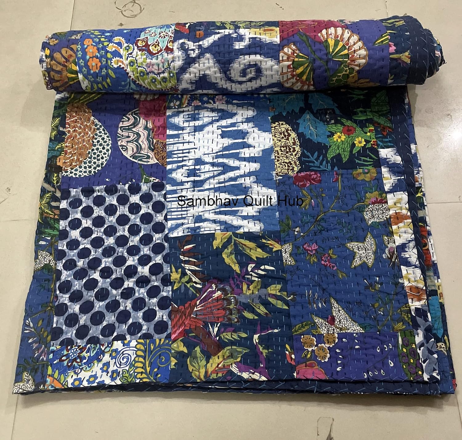 Handblock Print Multi Floral Assorted Cotton Patchwork Kantha Quilt Home Decorative Handmade Patch Quilted King Size Bohemian Bedding Throw Blanket Vintage Quilt (60X90 inches)