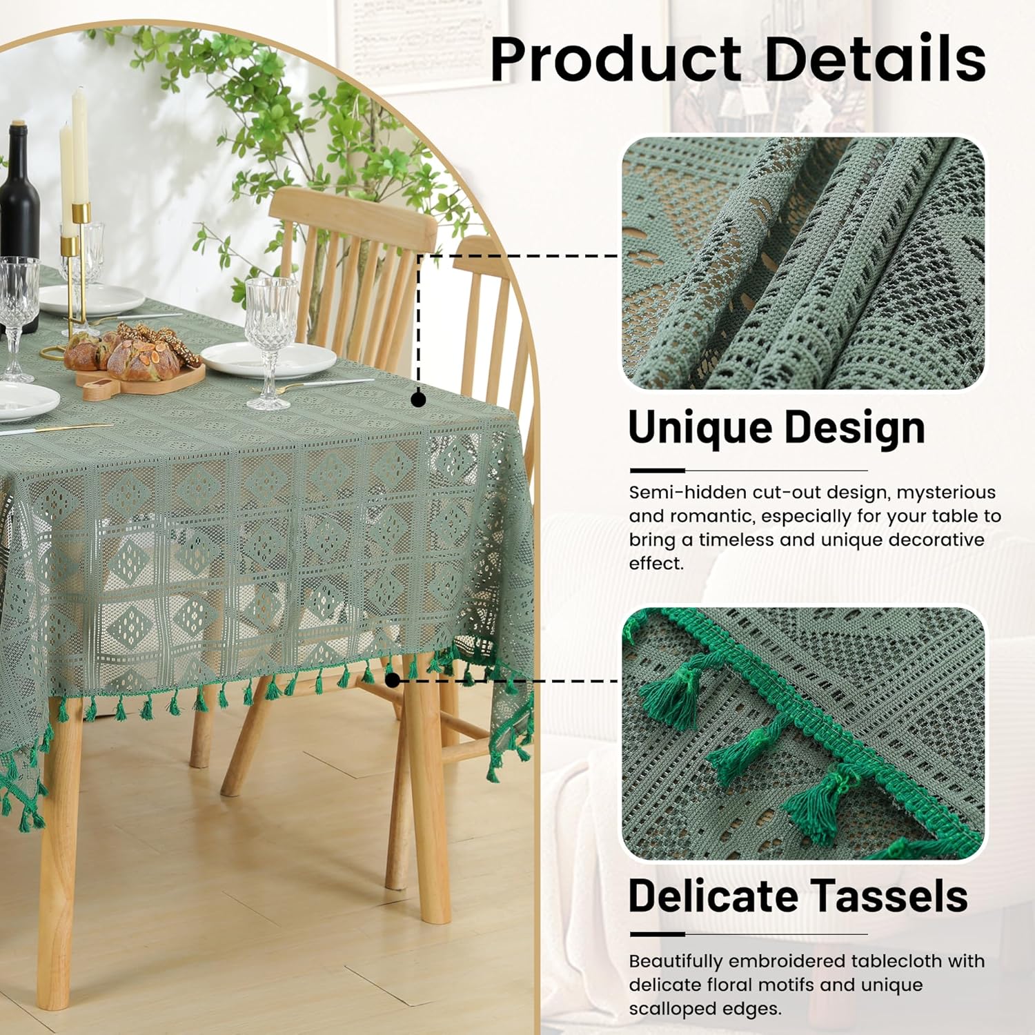 Green Chrochet Lace Tablecloths Rectangle Table Cloths Openwork Table Cover for Wedding Party Holiday Dinner Home Decoration (55"x70", Green)