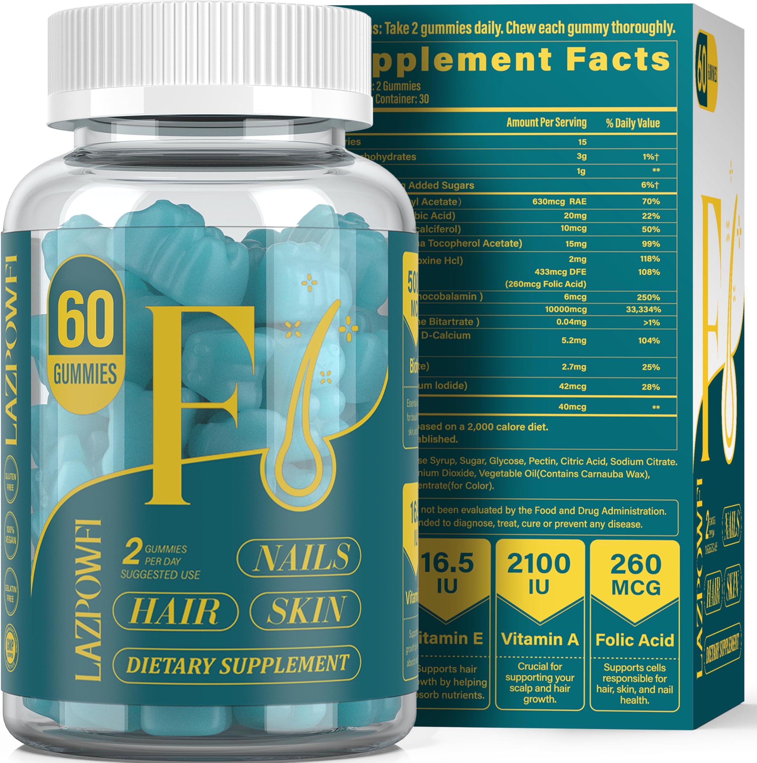 Biotin Gummies -Hair Skin and Nails Vitamins for Men & Women, Vegan Vitamin B7, Supports Hair Growth and Stronger Nails,30 Day Supply - Blueberry-60 Counts