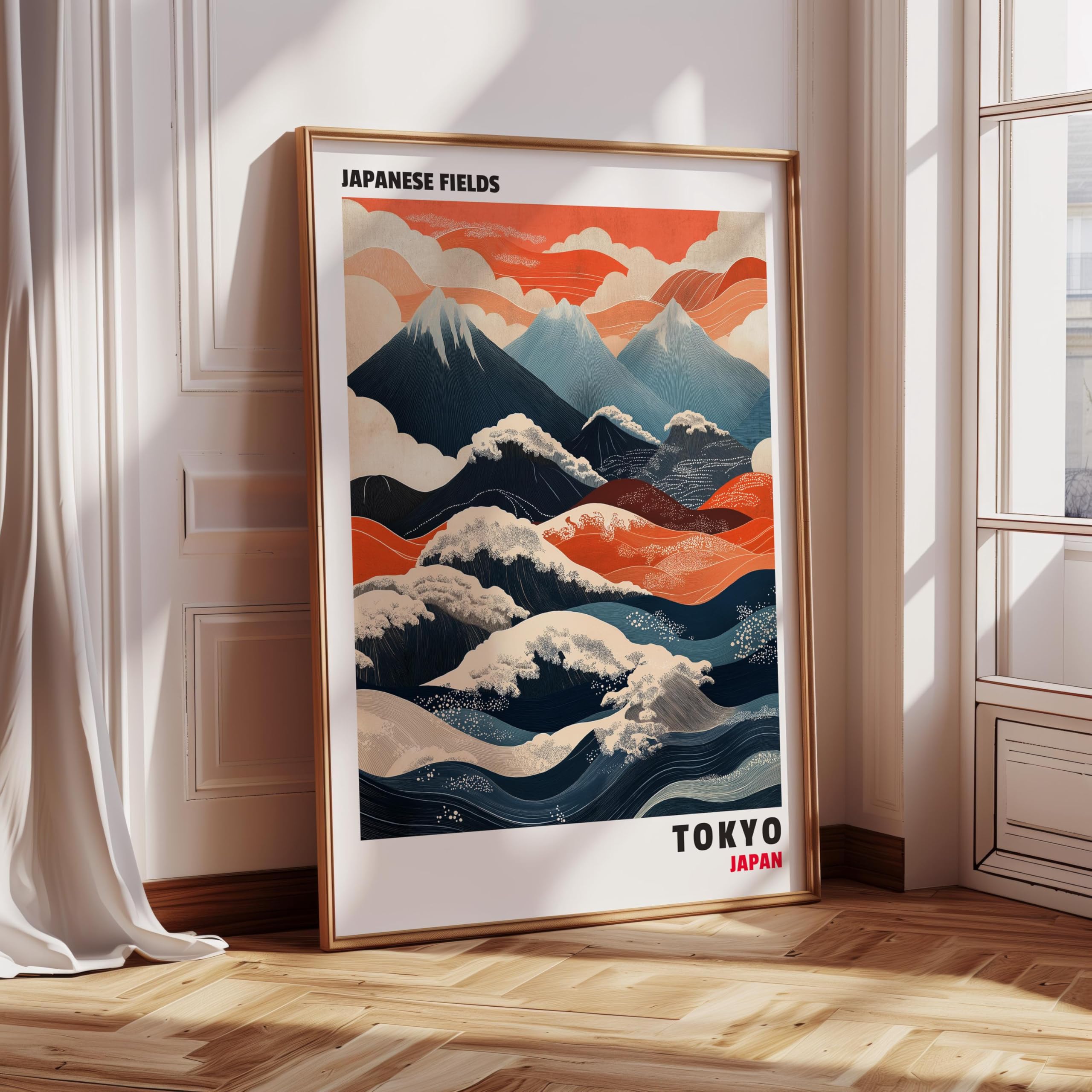 LMYCHENG Obrazy krajobrazu na płótnie - japońskie czerwone i niebieskie góry plakaty i druki, malarstwo w stylu Ukiyo (70 x 100 cm / bez ramki)
