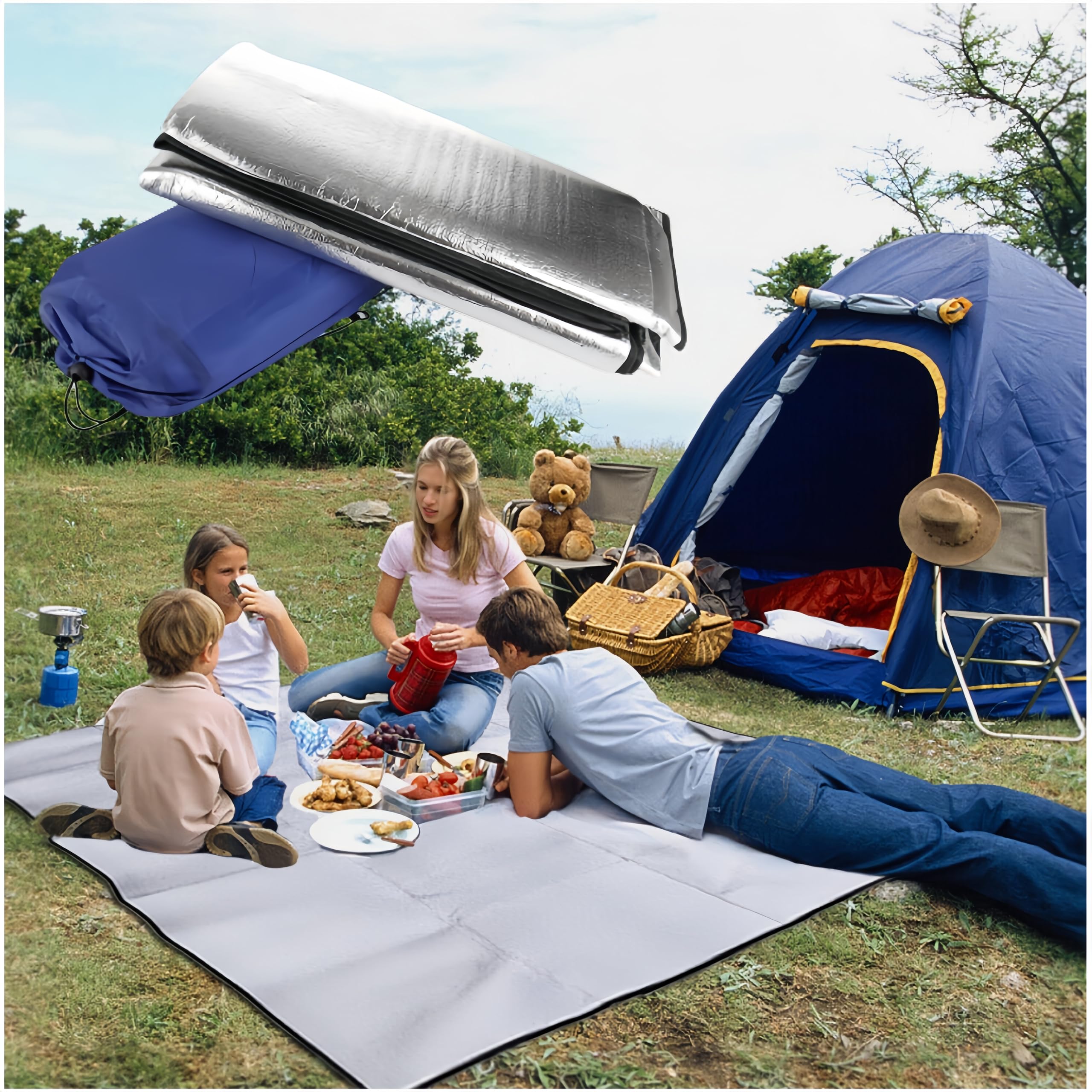 200 × 200 Tappetino da campeggio in foglio di alluminio ultraleggero pieghevole per tenda da campeggio per dormire, isolante termico, coperta isolante ultraleggera, pieghevole