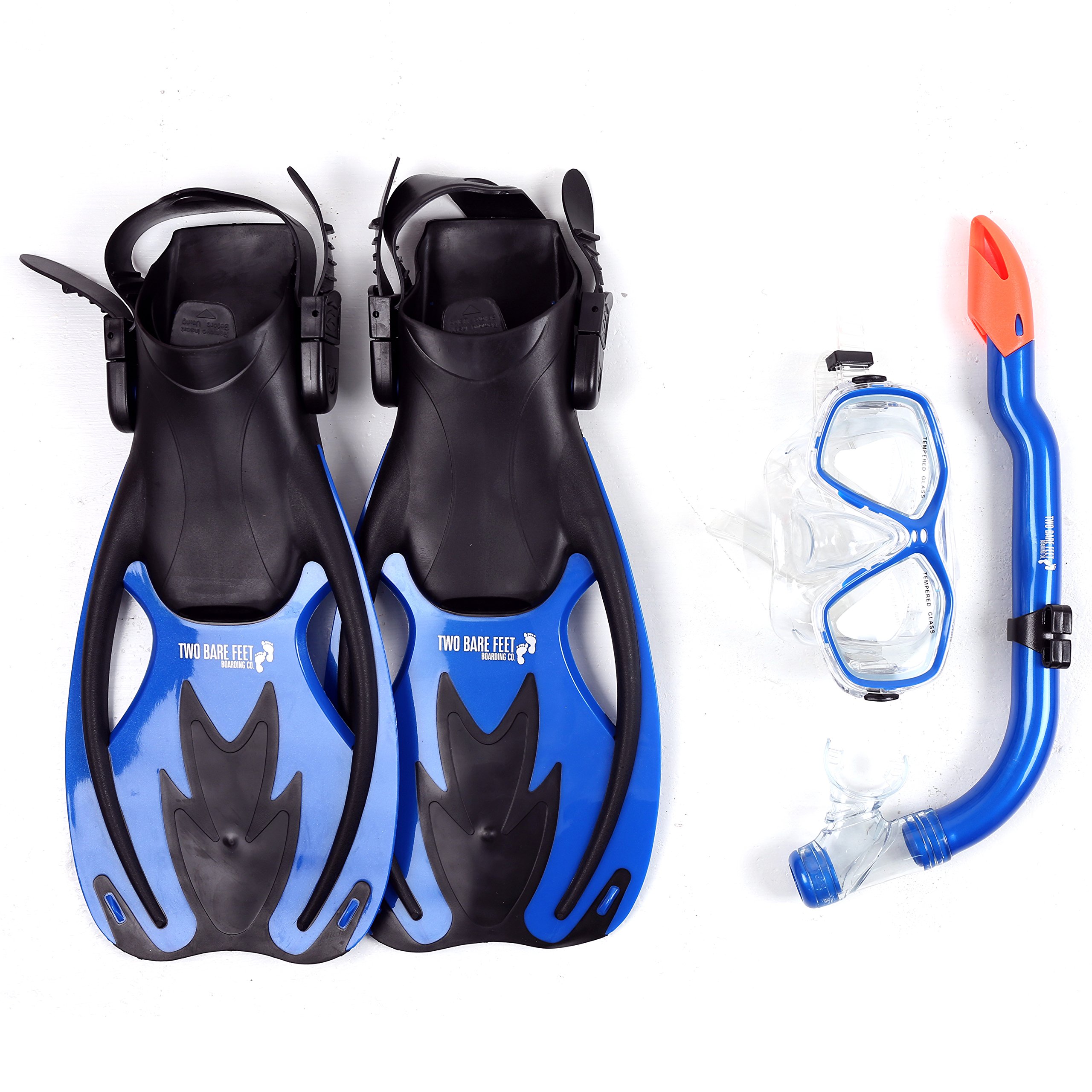 Two Bare Feet Snorkel, Mask and Fins/Flippers PVC Diving Set (Kids) With Anti Fog and Wide View Mask, Anti-Leak, Tempered Glass- Scuba Dive Snorkelling Sets (L/XL (UK 1-4), Blue)