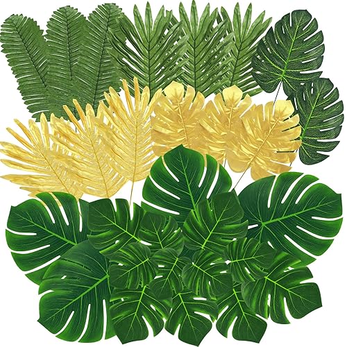 QUANQIUFEI 100 Pcs 8 Kinds Artificial Palm Leaves Tropical Fake