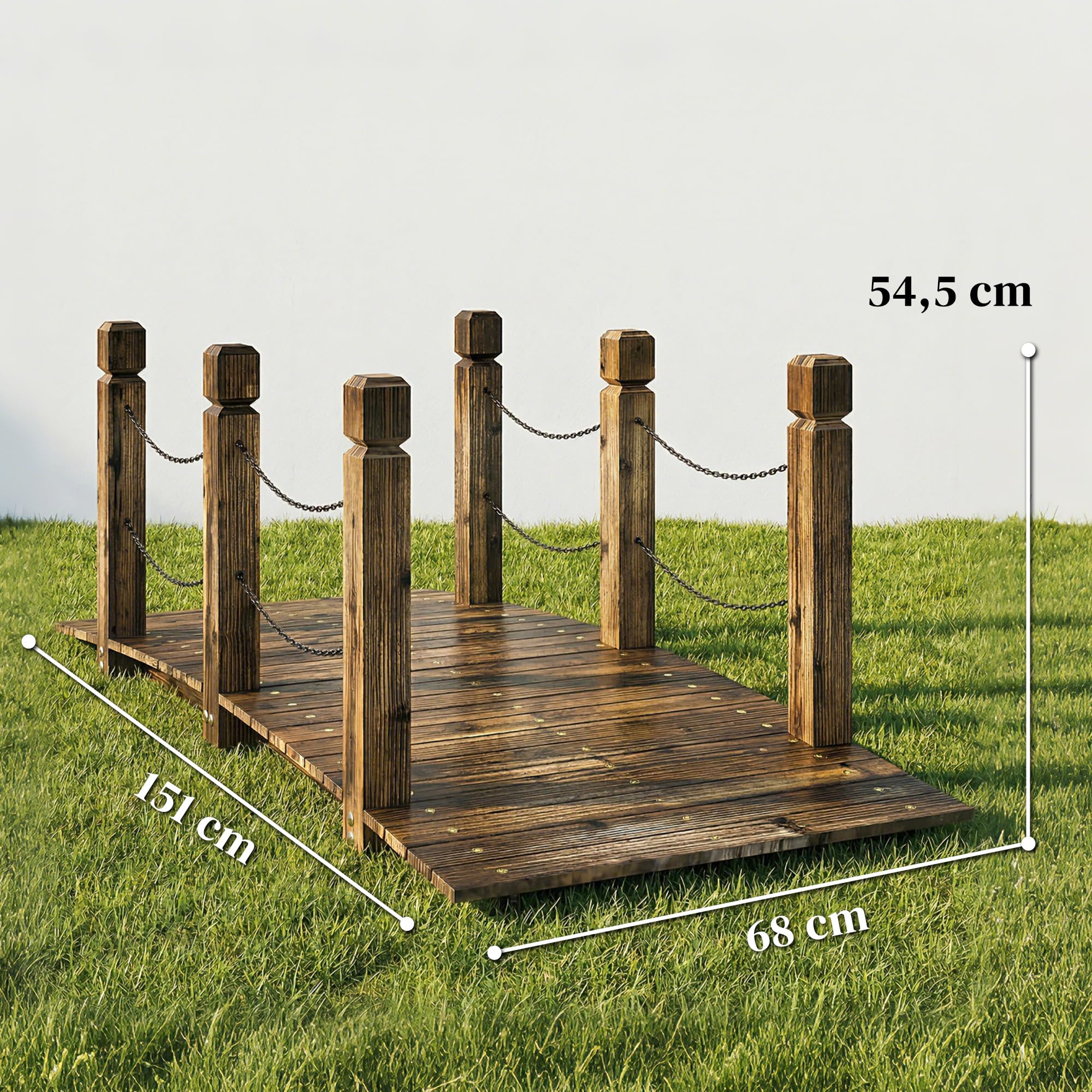 Outsunny Puente de Jardín de Madera, 1,51 m, Puente Decorativo para Estanques Rústico con Barandillas de Seguridad, Carga 200 kg, Construcción Resistente, Carbonizado