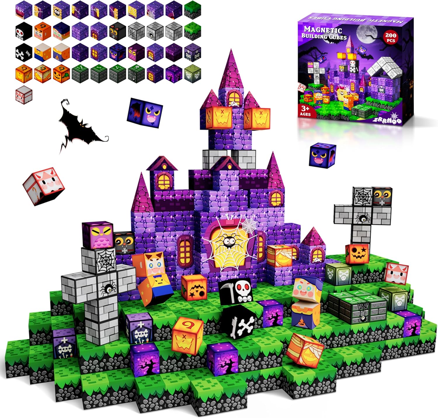 200pcs Castle Magnetic Building Blocks for Kids, Mysterious Night Magnet Cubes STEM Construction Toys for Boys and Girls Age, 0.8in Magnetic Building Set Gift