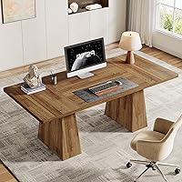 Vista 4 de Tribesigns Escritorio ejecutivo de 63 pulgadas, escritorio moderno para computadora de oficina con doble pedestal resistente, mesa de estudio Marrón