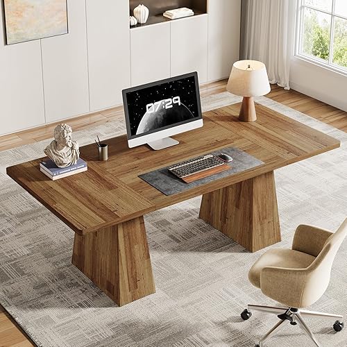 Miniatura 4 de Tribesigns Escritorio ejecutivo de 63 pulgadas, escritorio moderno para computadora de oficina con doble pedestal resistente, mesa de estudio Marrón