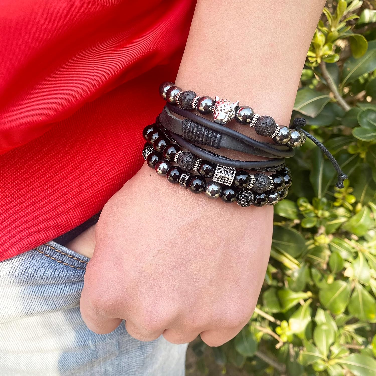 Natural Stone Leather Bracelet Set Obsidian Volcanic Tiger Eye Bead Punk Style Men's Bracelet Set (bra000034) (Style H) - Image 2