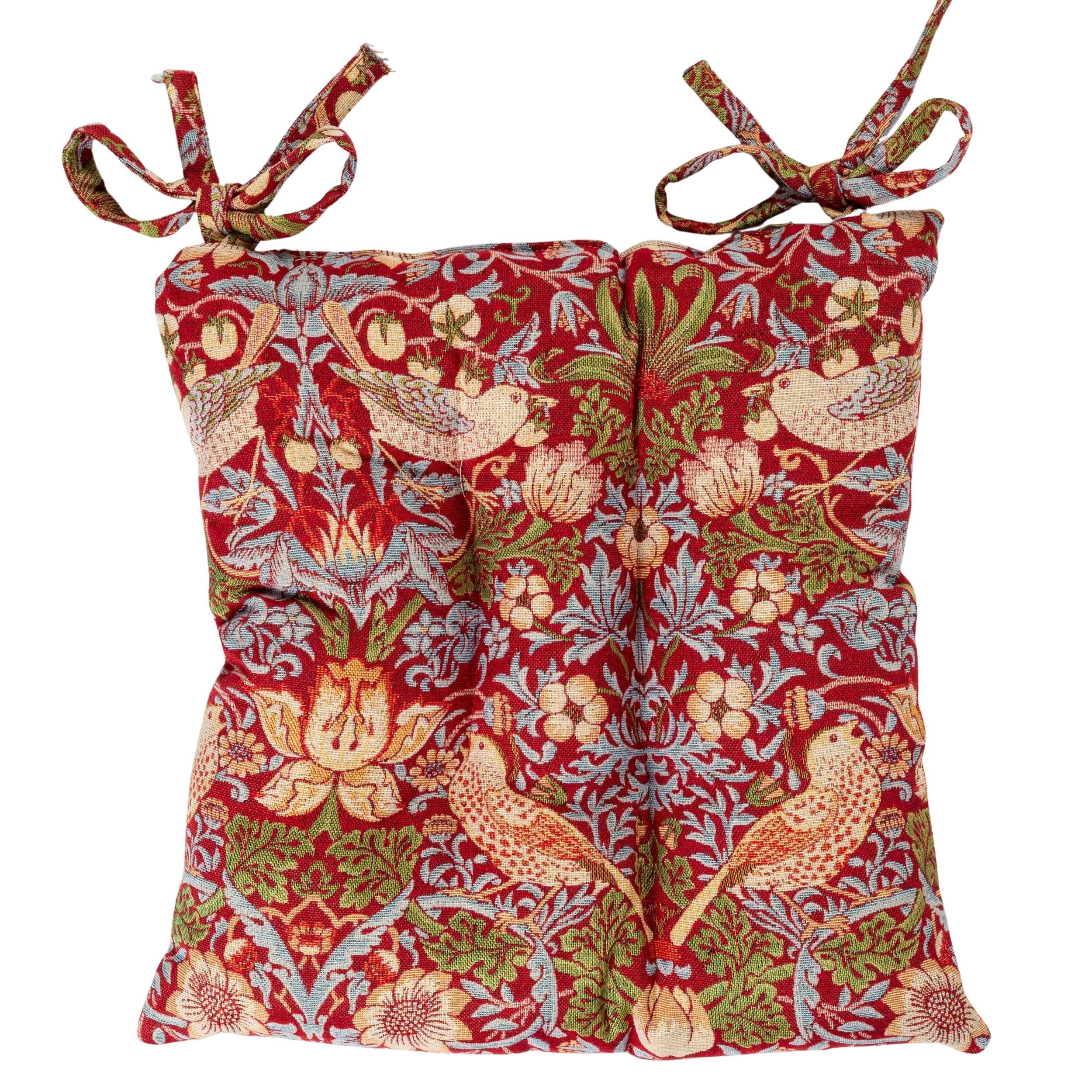 Linen Loft Red William Morris Strawberry Thief Tapestry Quilted Fibre Seat Pad In Deep Rustic Style, Dining Chair Pad With Ties. Deep-Filled & Supersoft. 16X16 X 3"