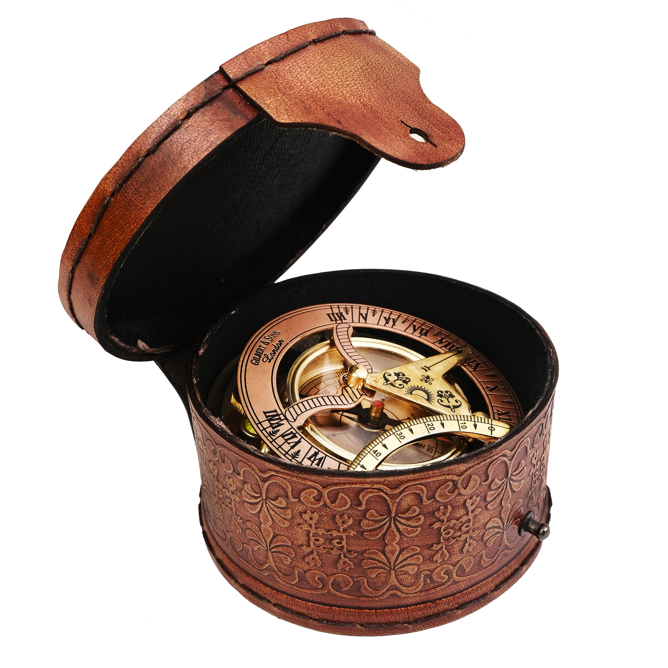 The Maryam Crafts - Antique Brass & Copper Sundial Compass, Sundial Clock in Box Gift Sun Clock Ship Replica Watch