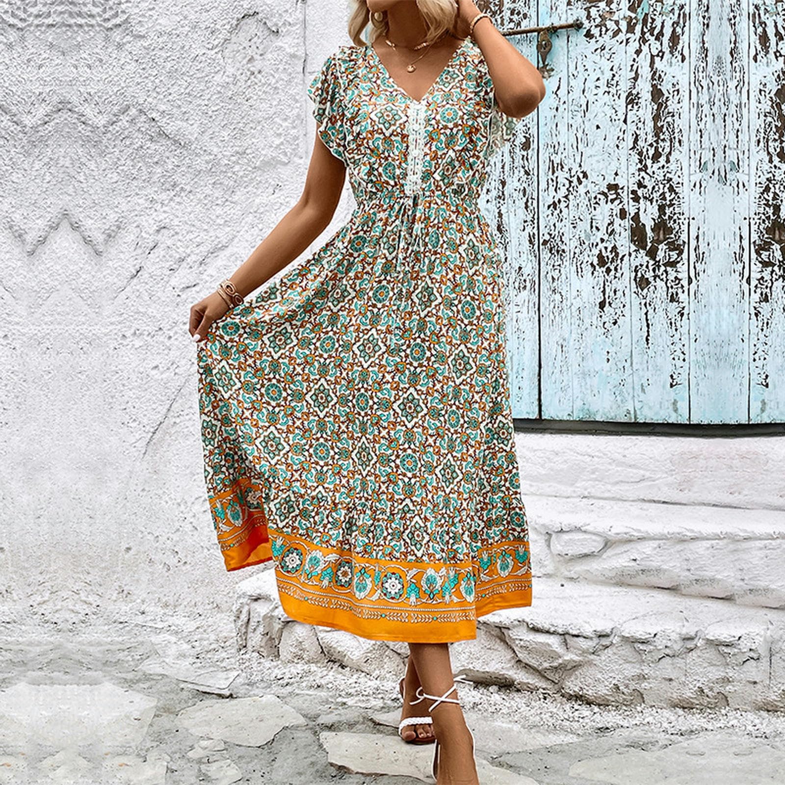 Vestido largo de verano para mujer, estilo bohemio, con estampado floral, cuello en V, manga corta, vestido midi YYEFNMAZ