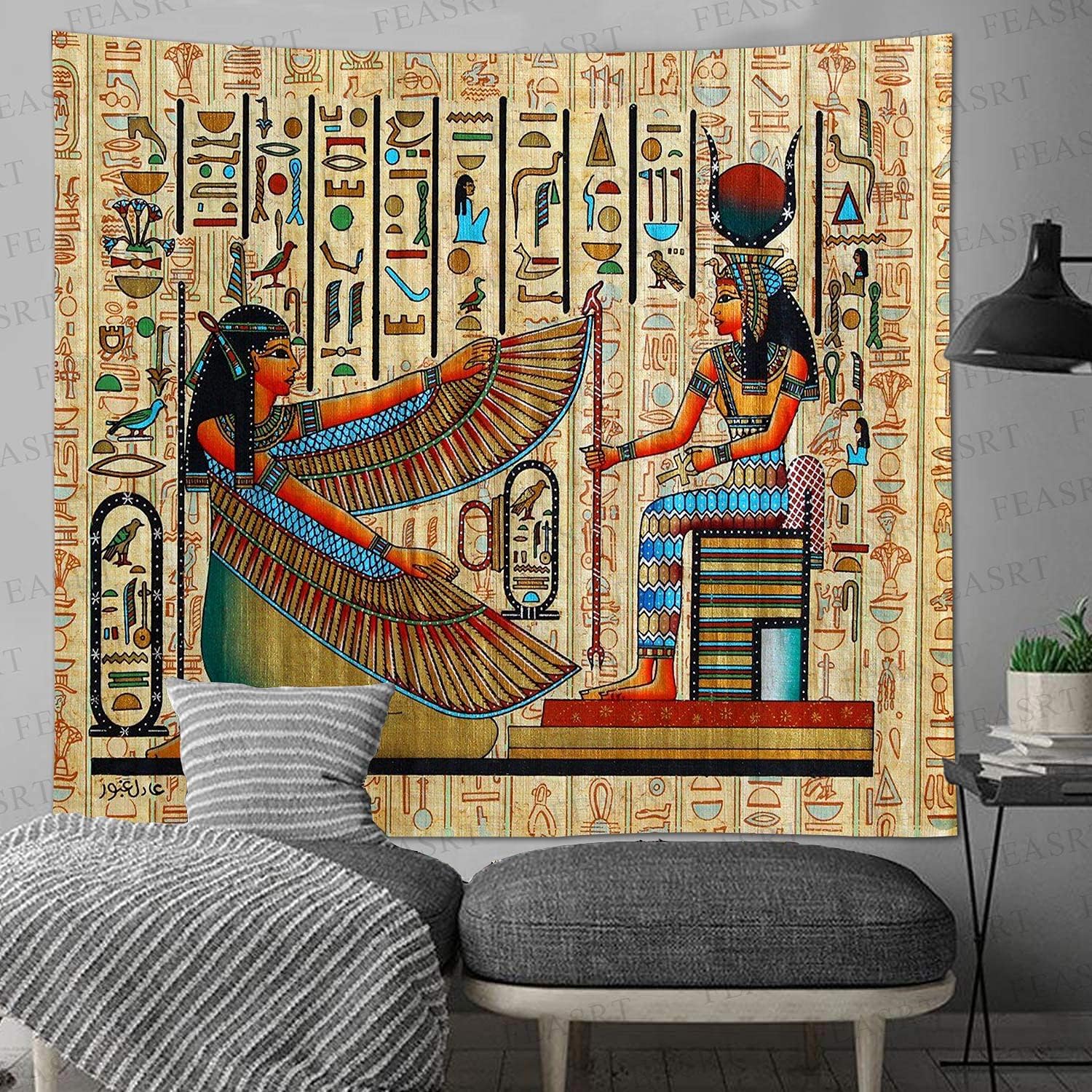 FEASRT Ancient Egypt Mythology Tapestry, Large 100x90 Inches Soft Flannelette, Egyptian Gods Hieroglyphic Carvings Tapestries Wall Hanging for Living Room Dorm GTQQAY1548