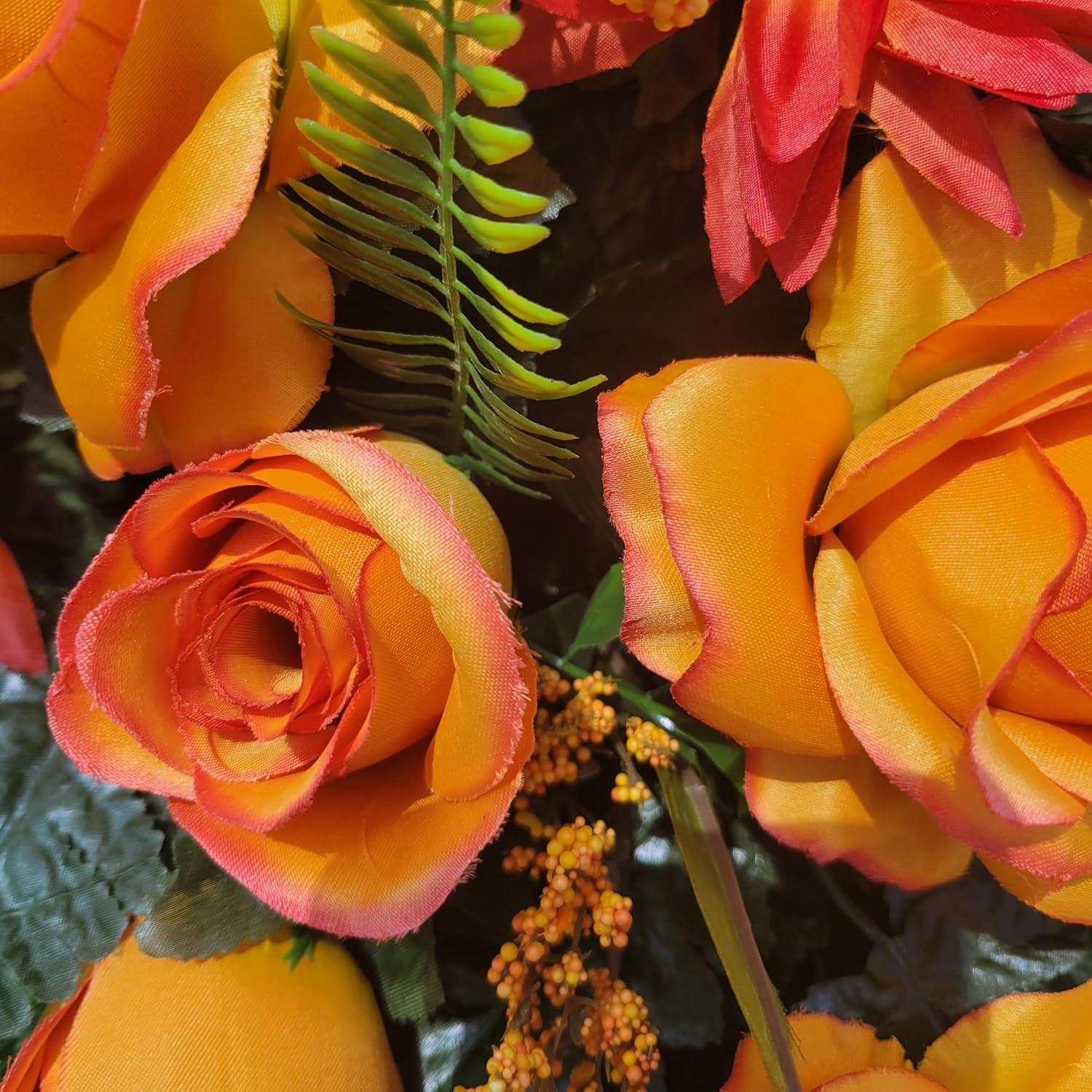 Cemetery Saddle Summer or Fall Memorial Decoration - Realistic Silk Faux Floral Artificial Grave Flowers - Orange Roses and Mums for Headstone Decorating
