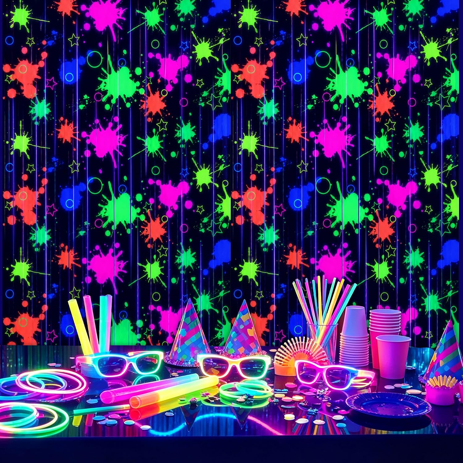 Glow in the Dark Party Supplies，2 Pack Neon Party Backdrop（3.3x6.6ft） | Neon Party Decorations Graffiti Splatter Foil Fringe Curtain, UV Reactive Black Light Glow Streamers, Fluorescent Backdrop