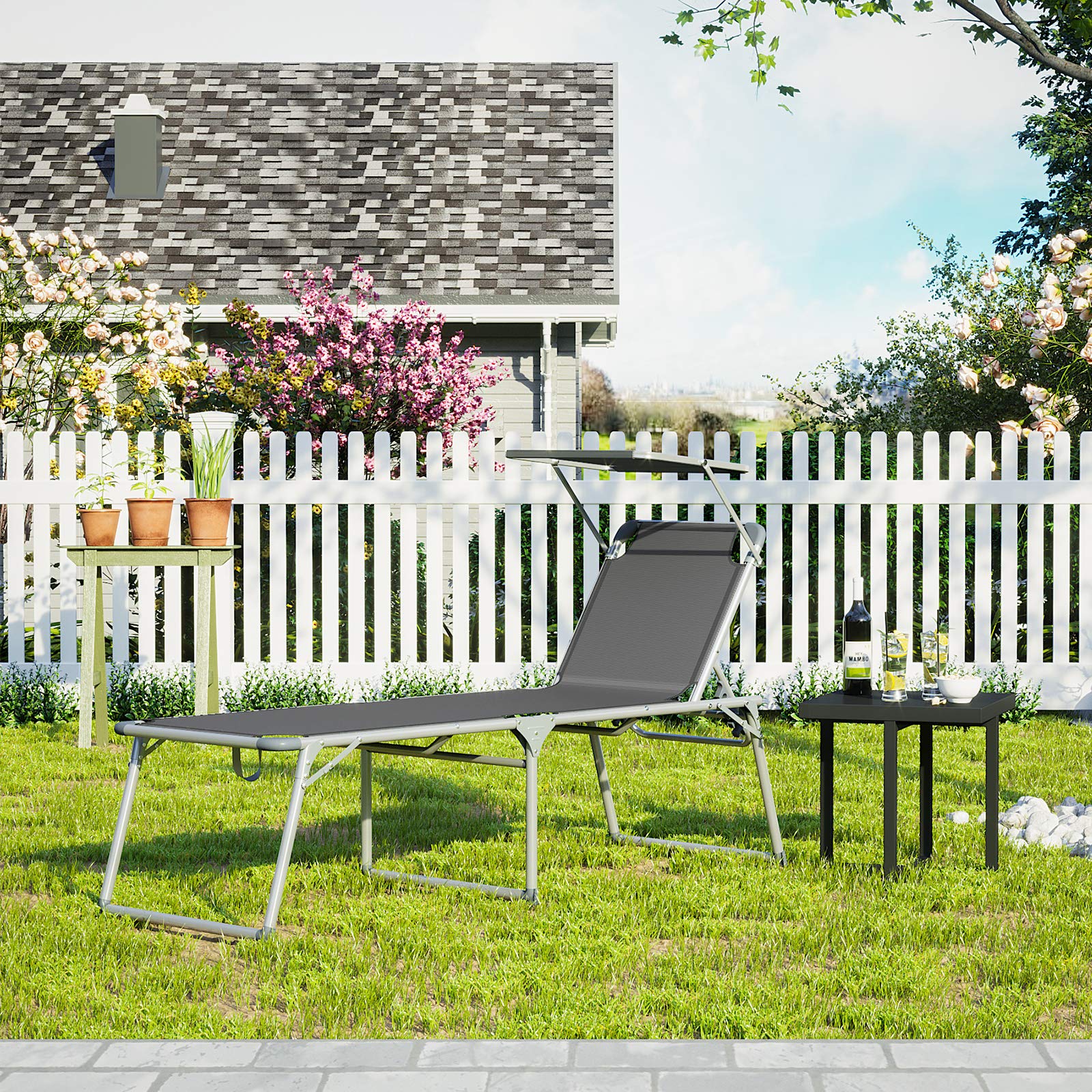 SONGMICS Sonnenliege mit Dach, Liegestuhl, Gartenliege, Aluminium, groß, 65 x 200 x 48 cm, bis 150 kg belastbar, Rückenlehne verstellbar, klappbar, Garten, Balkon, Terrasse, grau GCB26GY