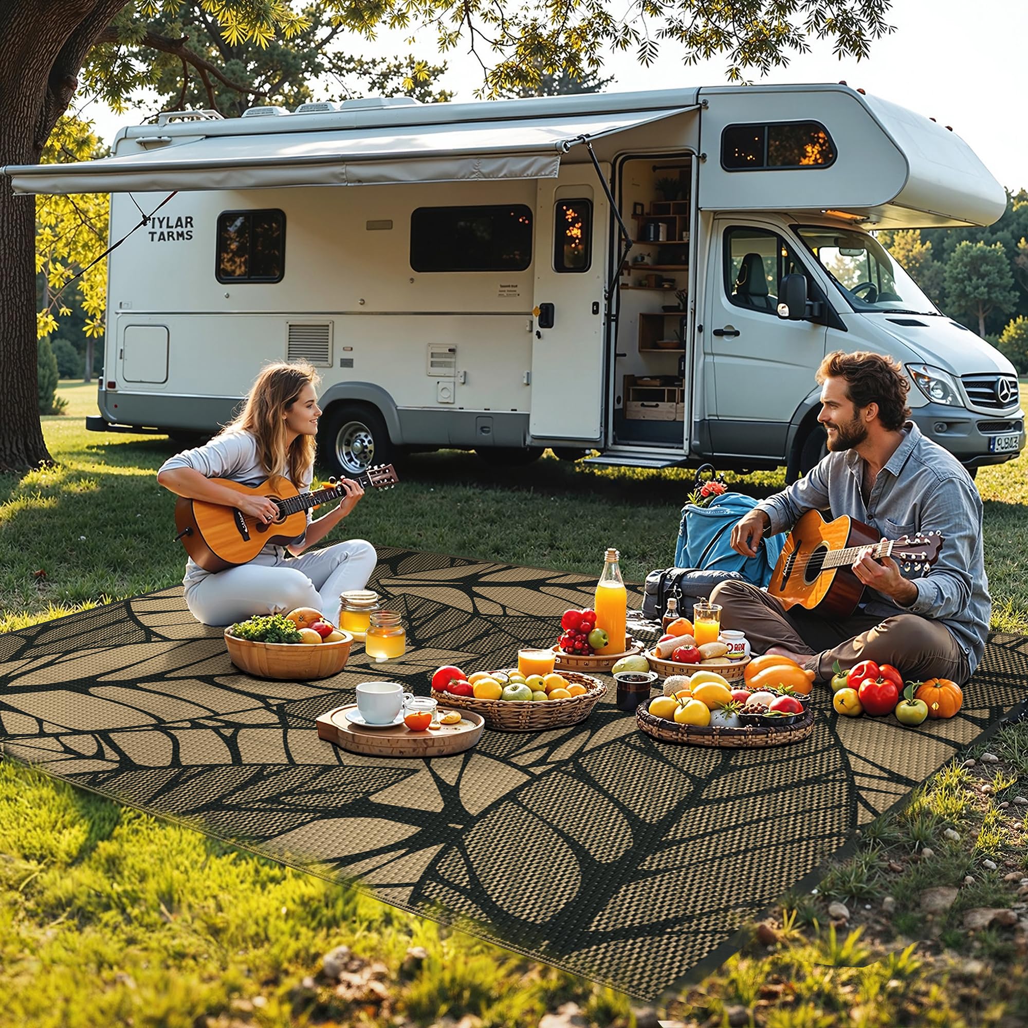 GENIMO Outdoor Teppich Wetterfest Balkon Garten 180x270 cm Pflanzenmuster UV-beständig Wasserabweisend Kunststoff Camping Terrasse Picknick,Schwarz und braun
