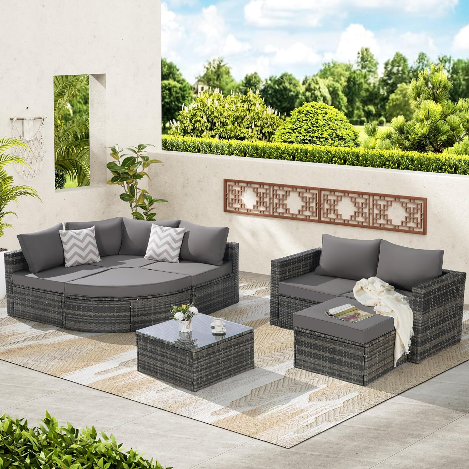 KEIKI 8Pcs Outdoor Patio Sleeper Sofa Day Bed Conversation Furniture Sets, Wicker Woven Sectional Couch Seating with Chaise Lounge Ottoman, Glass Top Coffee Table, Pillow & Cushion for Backyard Lawn