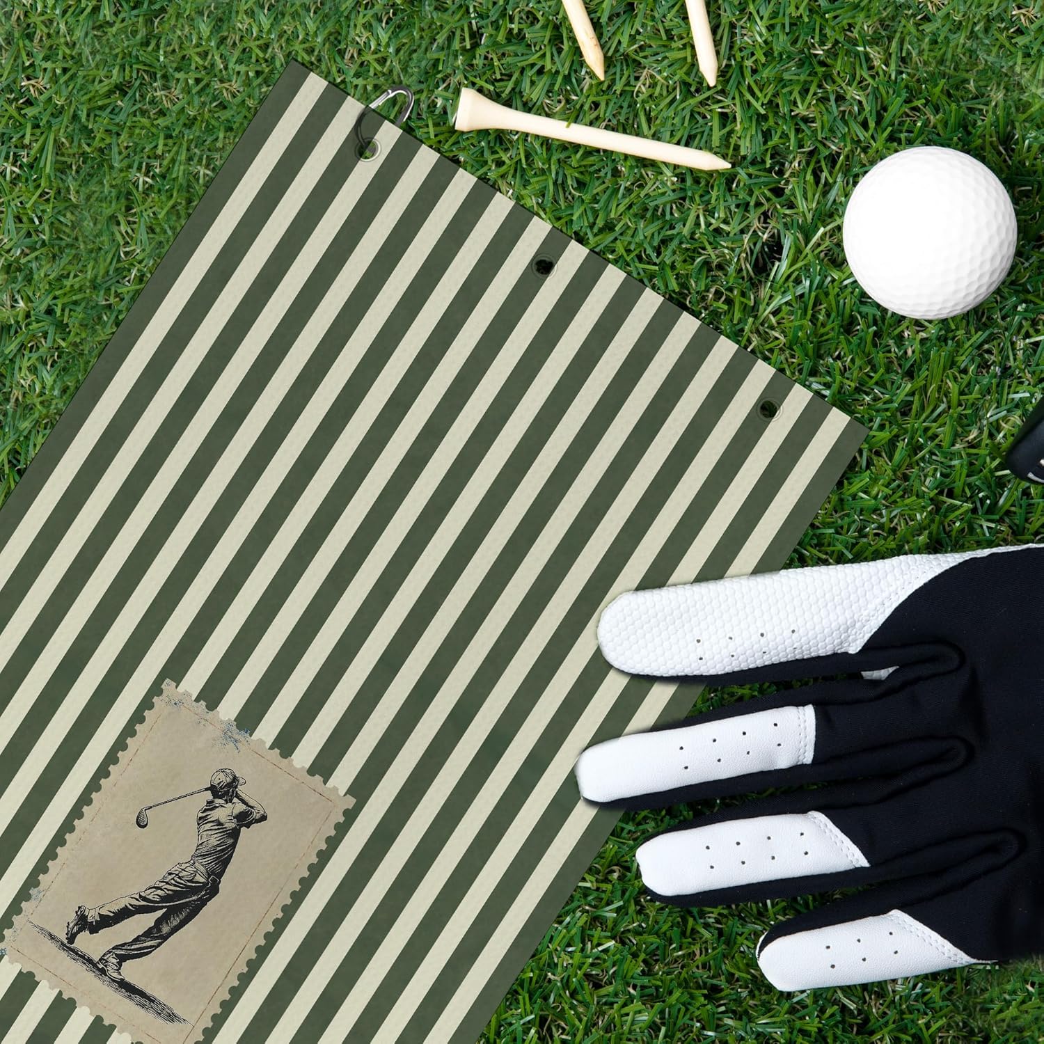 Vintage Golf Towel - Retro Green Stripe Golf Bag Accessories Towel, Trendy Preppy Disc Weave Waffle & Ball Towels with Carabiner Clip Birthady Gifts for Golfer Dad Grandpa Men, 16"x24" - Image 4