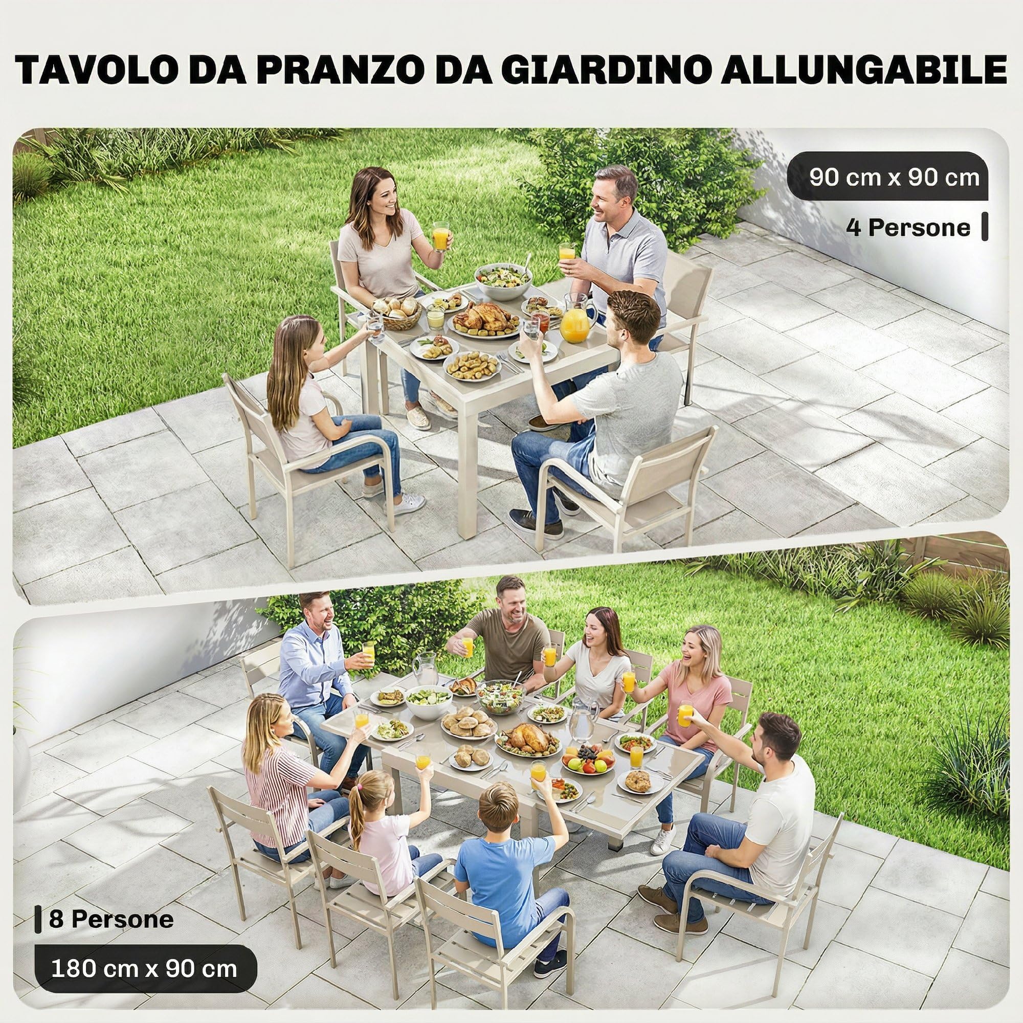 Outsunny Tavolo da Giardino Allungabile per 4-8 Persone, 90/180x90 cm Tavolo da Pranzo Estensibile da Esterno in Alluminio con Piano in Vetro Temperato, per Patio Terrazzo Balcone, Bianco Crema