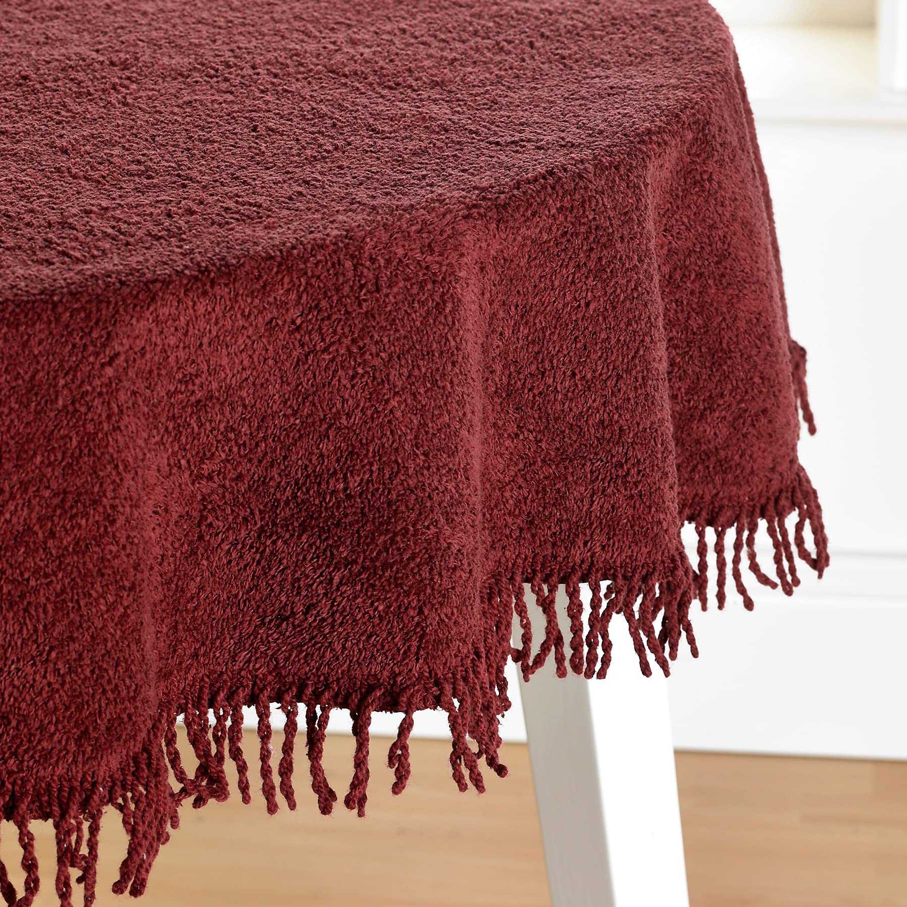 Diana Cowpe Burgundy Chenille Fringed Tablecloths | 100% Pure Cotton | Traditional Design | Opulent & Heavy | Many Colours & Sizes (137X137cm (54X54) Square, )
