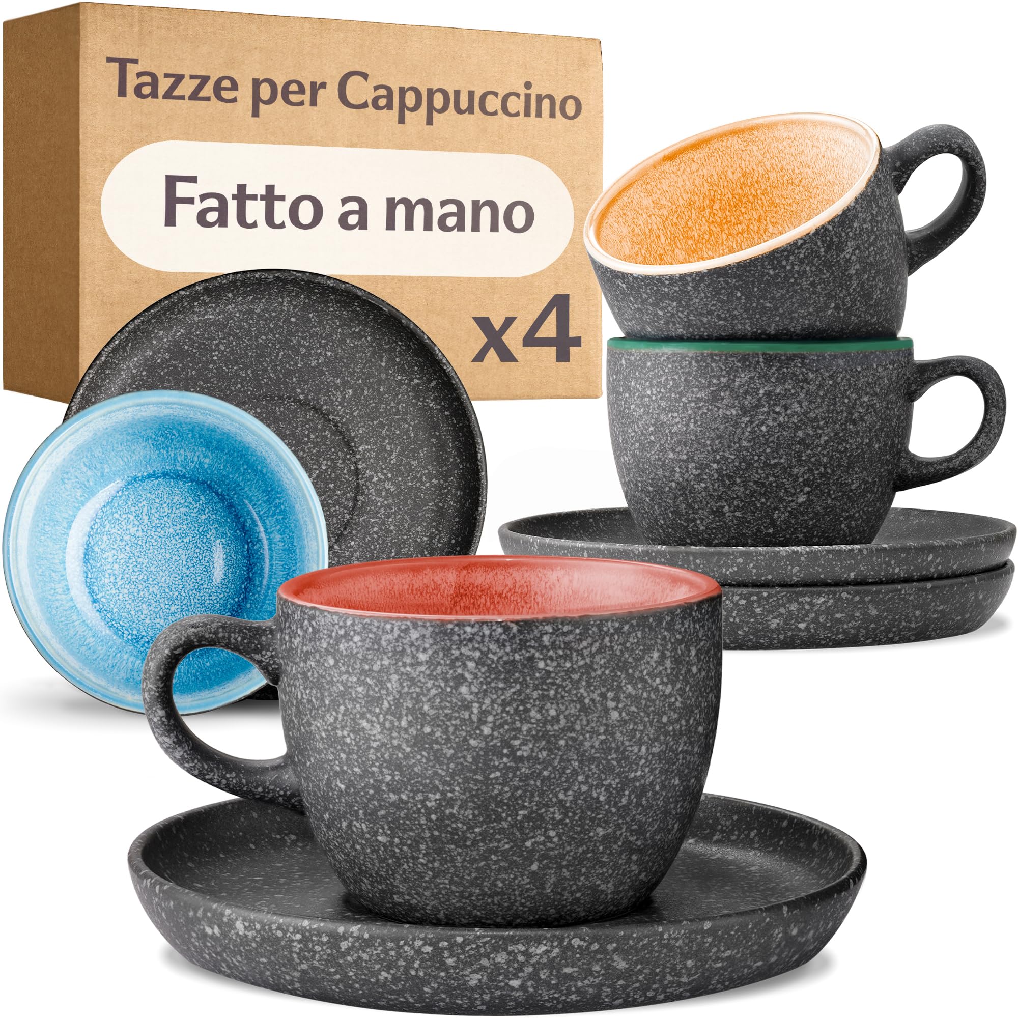 Cosumy Set di 4 Tazze per Cappuccino in Ceramica con Piattini - 200ml - Gres Spesso con Smalto Reattivo Artigianale – Mantiene il Calore a Lungo (Colorato)