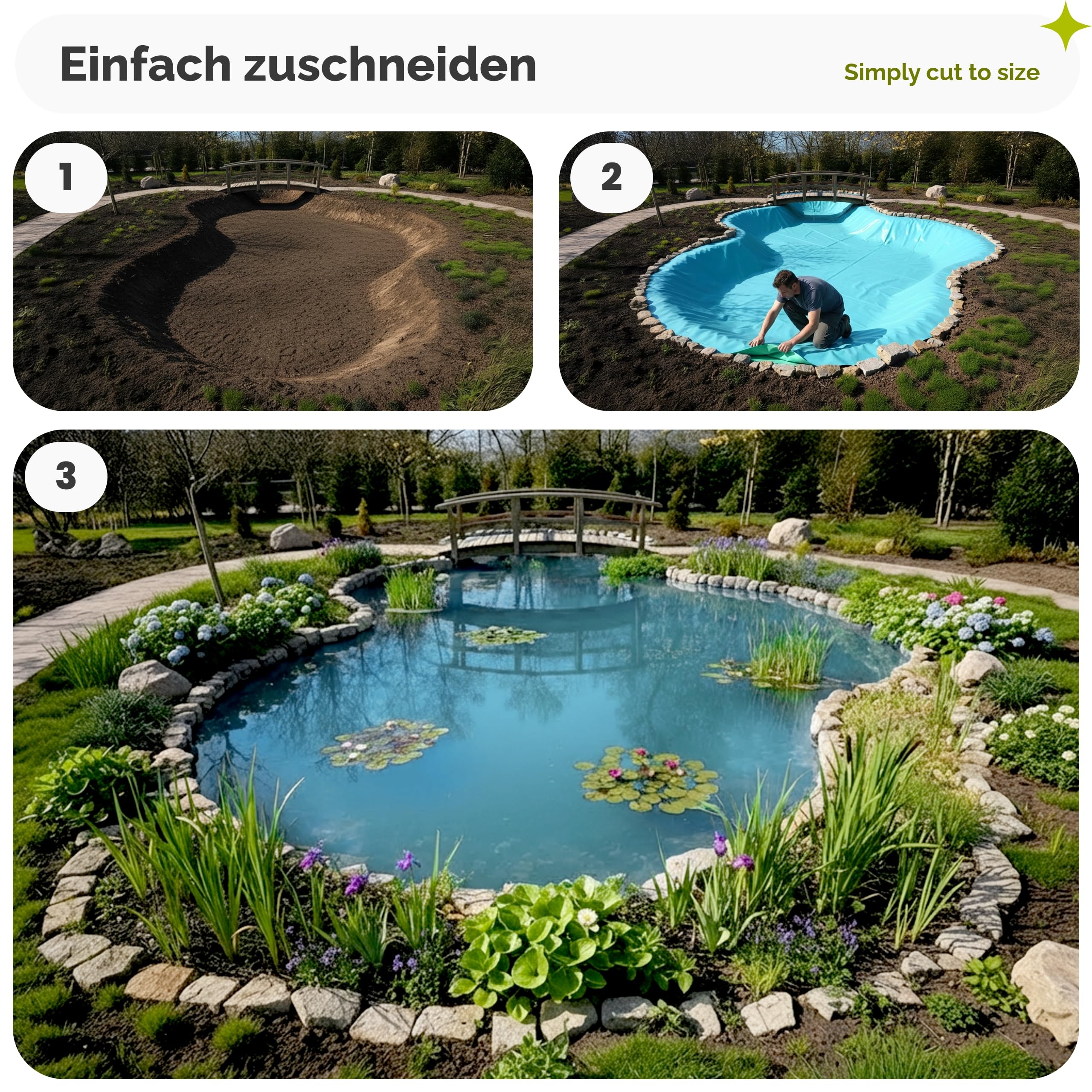 Garronda Teichfolie 6x5m (30m²) PE 0,5 mm Stärke - Gartenteich Fischteich Bachlauf UV-beständig 3-lagig wasserdichte Teich Folie für Wassergarten Brunnen Teichbecken Teichplane Blau-Grün GD-0223