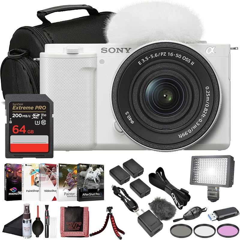 Paquete de cámara sin espejo Sony ZV-E10 con lente de 16-50 mm y batería (blanca) | Para fotografía y vídeo | Vídeo 4K | Sensor APS-C de 24,2 MP + Tarjeta de Memoria de 64GB + 2x Baterías NPF-W50 + Software de Fotografía