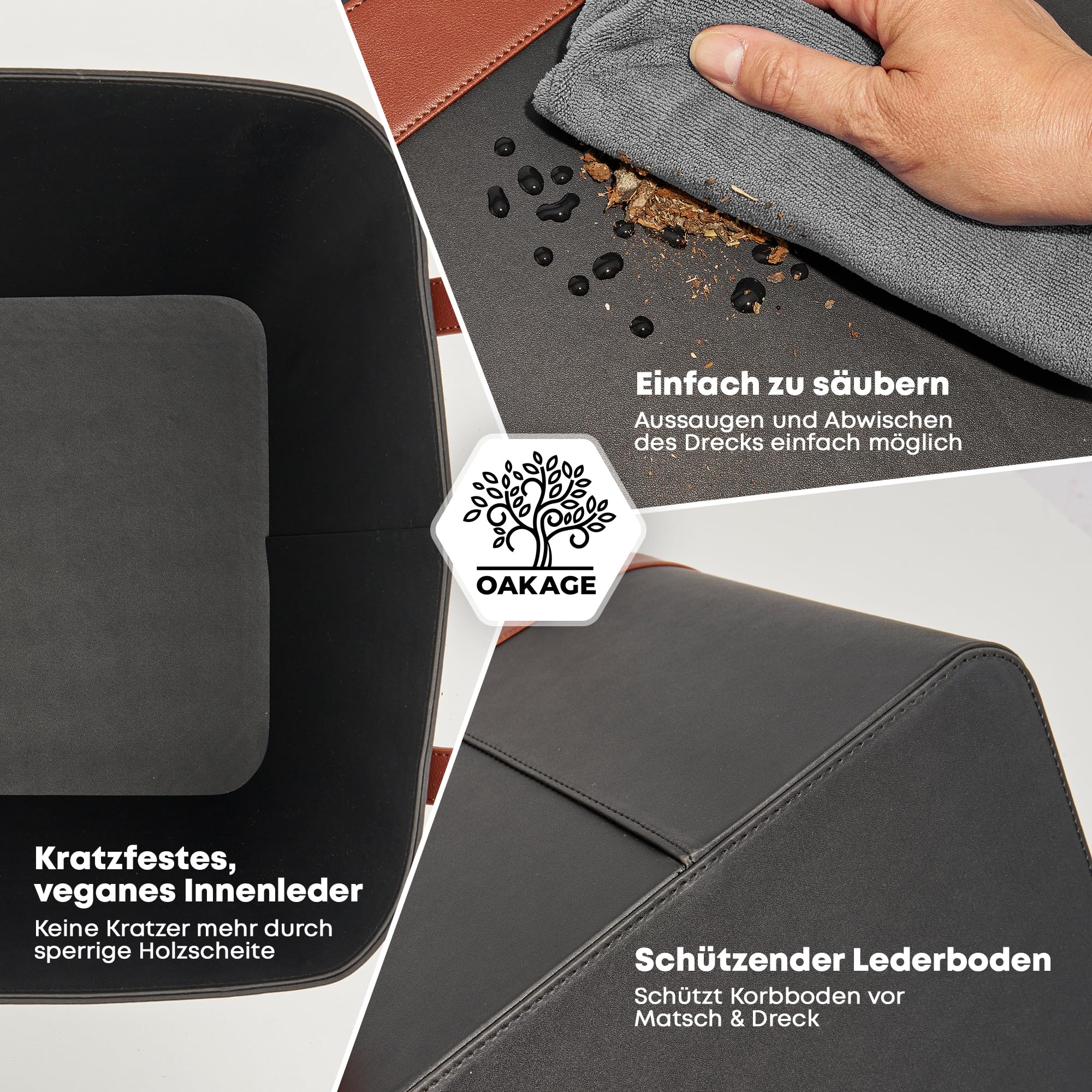 OAKAGE® Holzkorb für Kaminholz Groß aus veganem Leder Kaminholzkorb Feuerholzkorb Brennholzkorb Kaminkorb | Korb Bundle