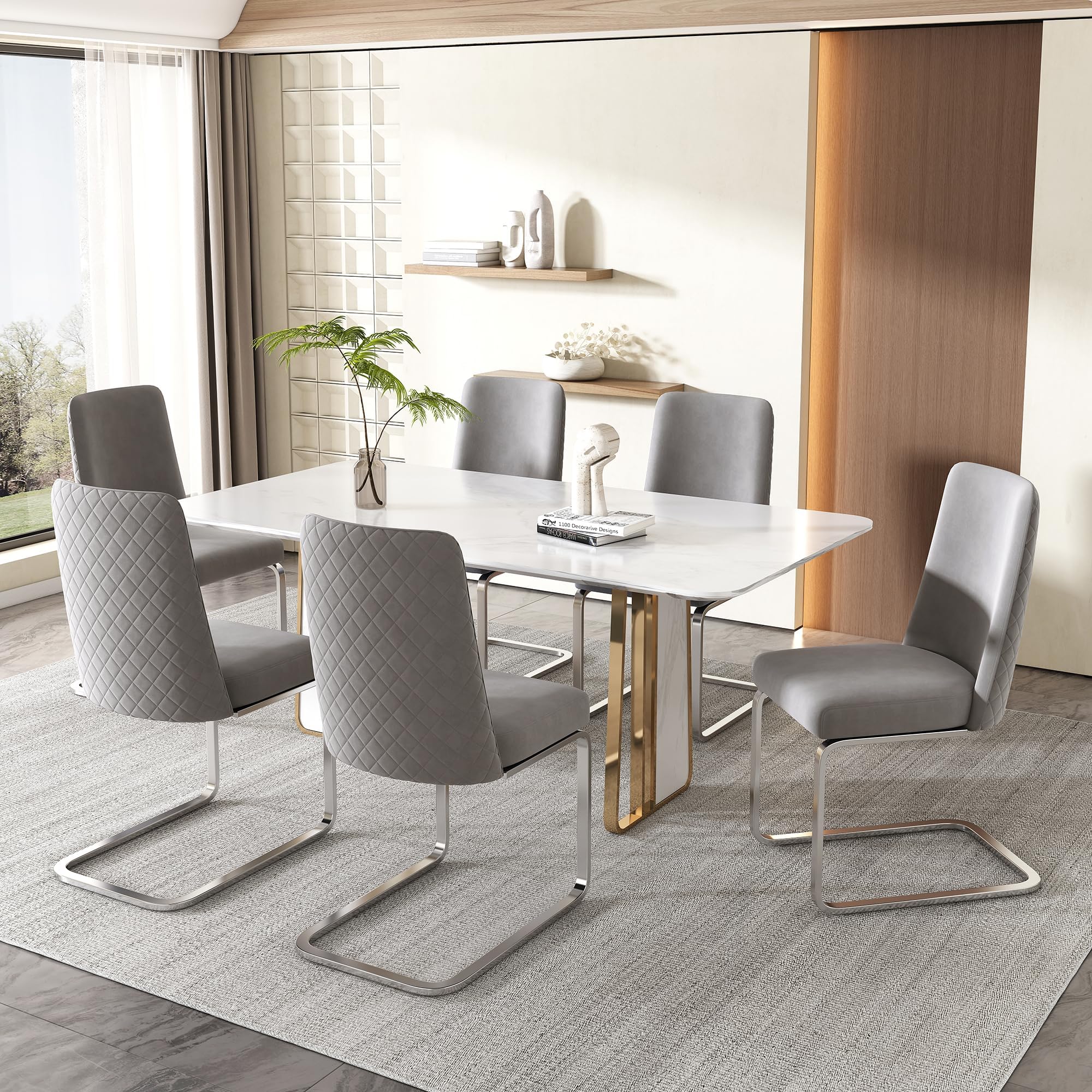 Luxurious Velvet Dining Chair with Diamond Back Design Metal Support Legs Ideal for Living Room & Bedroom Set of 6 Grey & Silver Lounge Armchair
