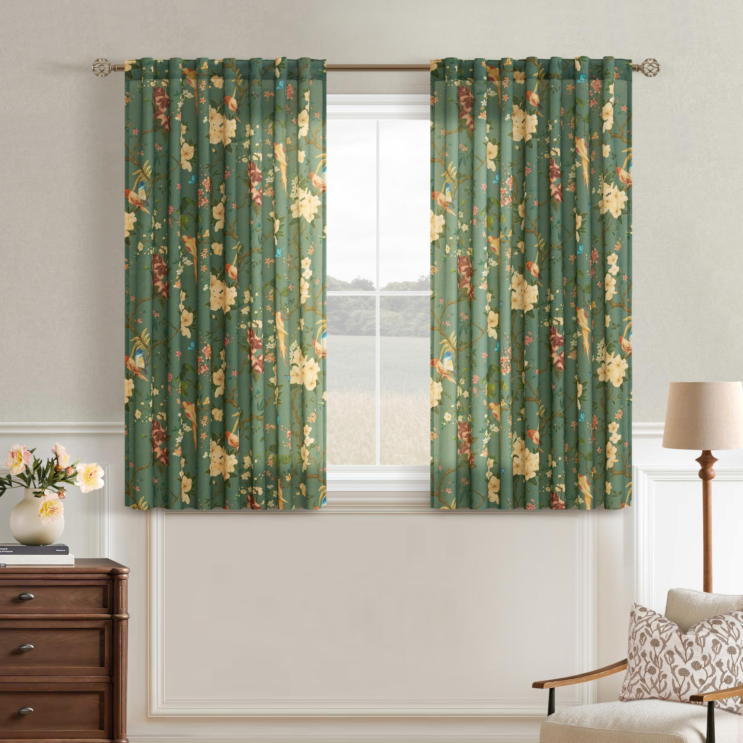Green Floral Bird Kitchen Linen Curtains Cafe 45 Inch Back Tab 2 Panels | Short, Linen Curtain,Back Tab Rod Pocket,Botanical Leaf Flower Printed,Semi Sheer,Light Filtering,Vintage,for Living Room