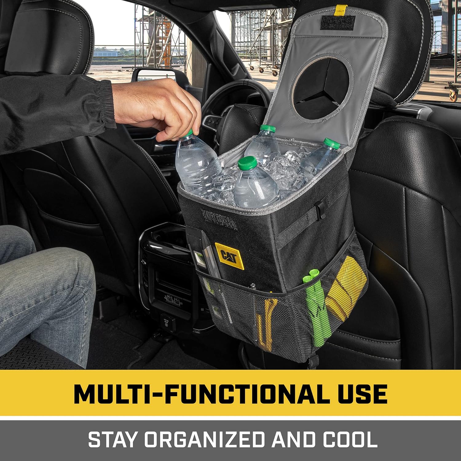 CAT® 3-Piece Car Organizer Bundle – Collapsible Trunk Organizer, Portable Seat Caddy with Adjustable Straps & 2.4 Gallon Leak-Proof Trash Can Cooler for Cars, Trucks, and SUVs Black