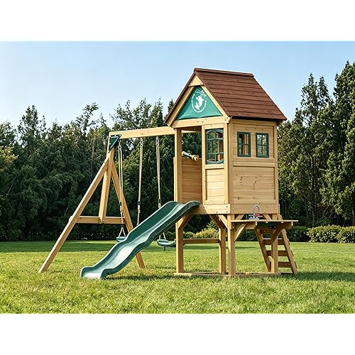 Dolphin Playground Large Wooden Swing Set for Backyard with Playhouse, Cedar Outdoor Playset for Kids 3-10 – 6FT Wave Slide, Rock Climbing Wall, 2 Belt Swings, Chalkboard & Toy Sink