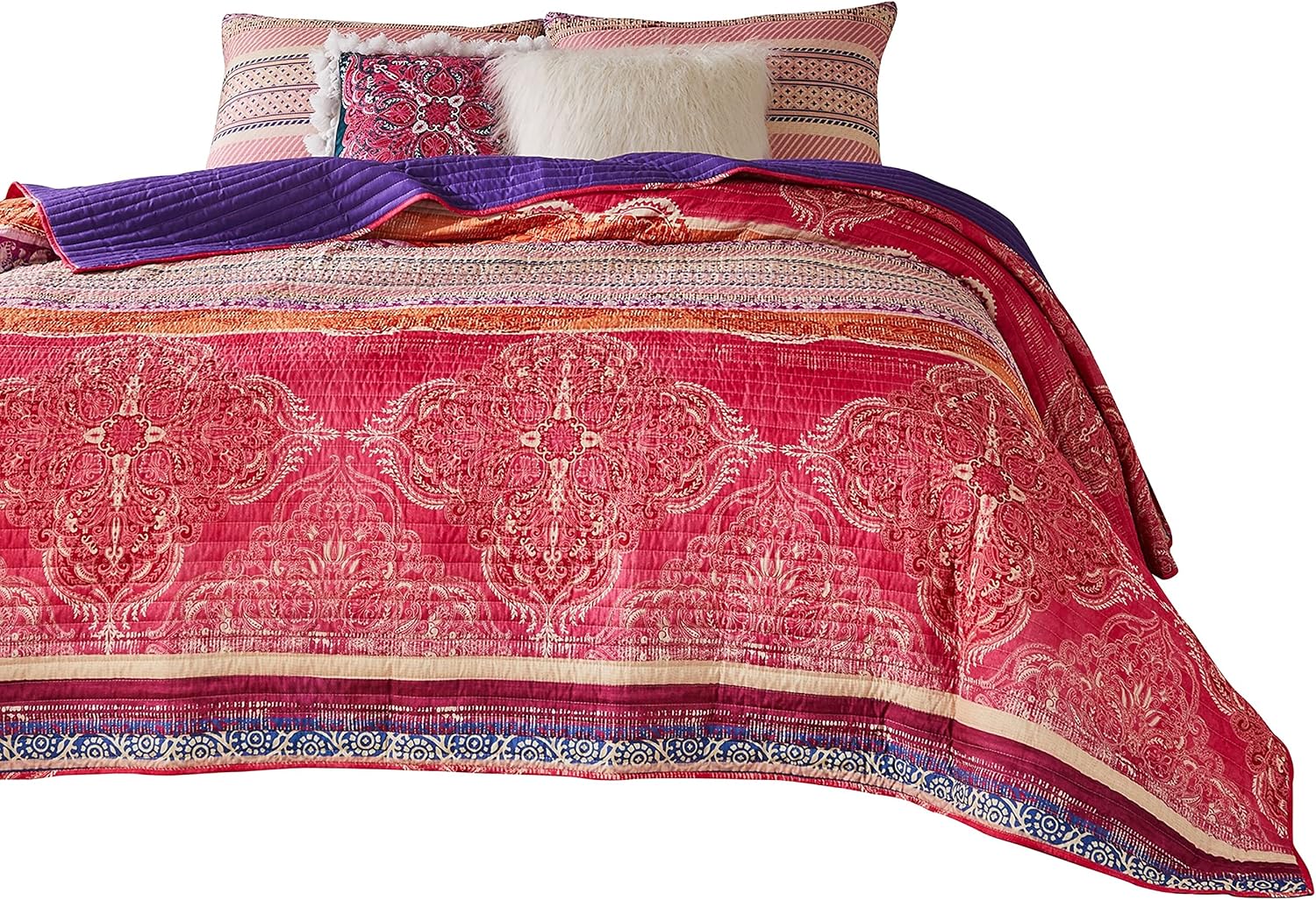 Benjara Dora 3 Piece Bohemian Full Quilt Set, Medallion, Paisley, Pink and Blue