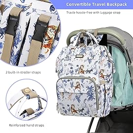 Diaper Bag Backpack, Diaper Bags for Baby Girls Boys, Baby Bags for Moms Dads, Nappy Changing Bag with Insulated Pockets,Multi-functional Waterproof Backpack with Stroller straps-Animal World White