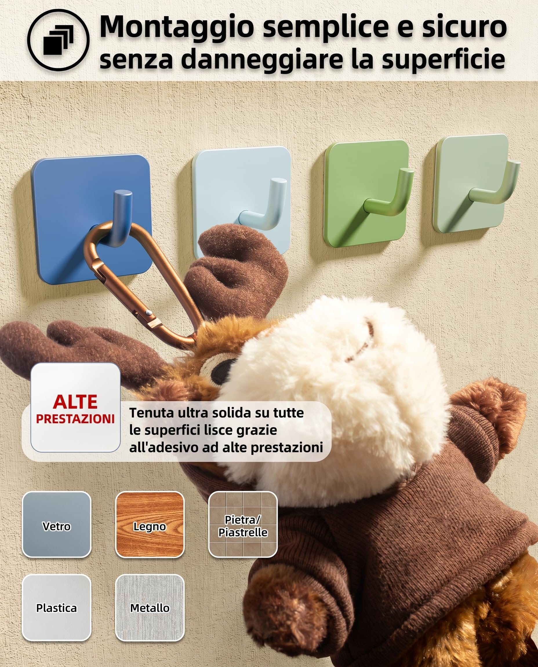 DEKAZIA Set di 4 ganci appendiabiti per bambini blu e verde adesivi da parete