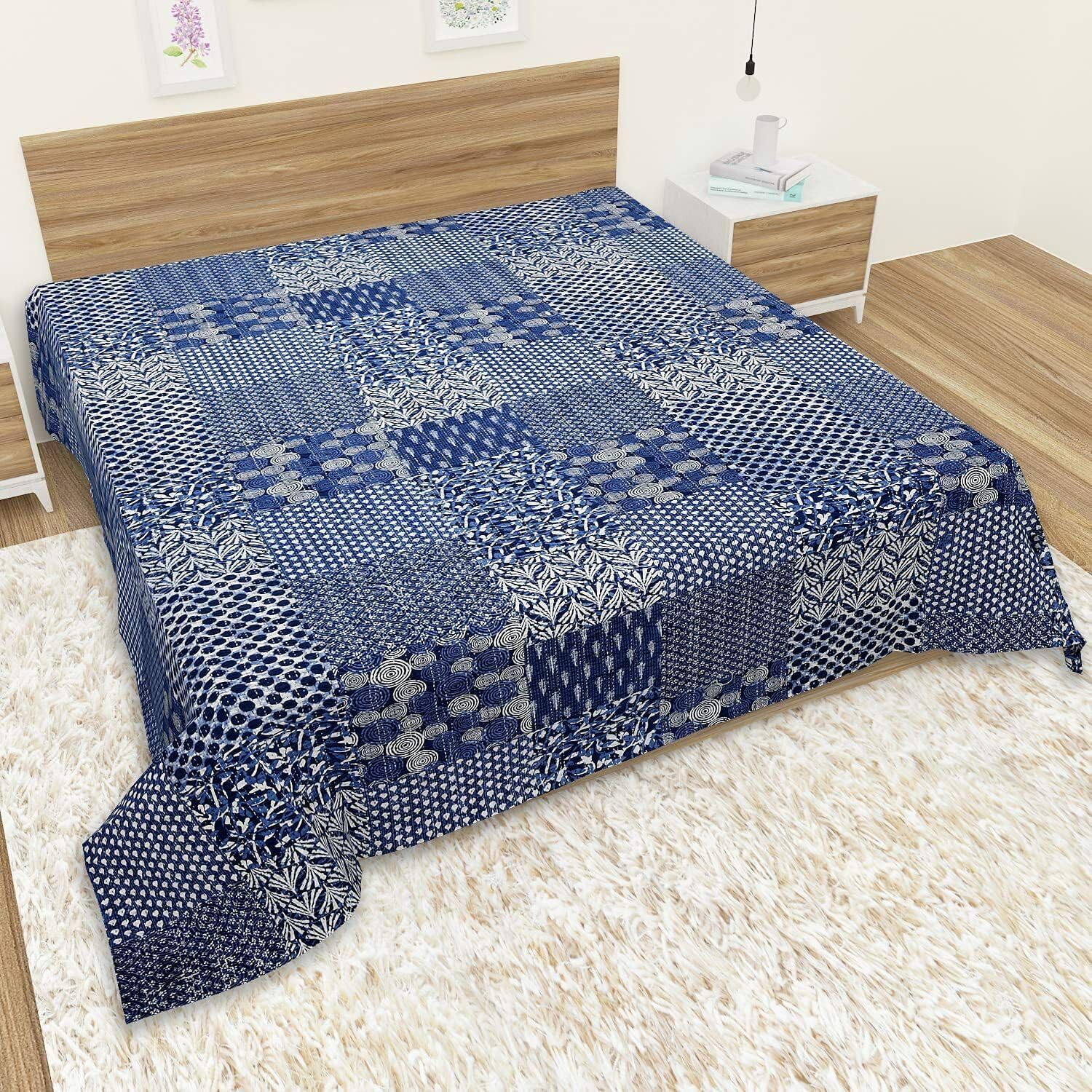 Indian Handmade Cotton Ikat Print Kantha Quilt, Reversible Throw Blanket Bedding