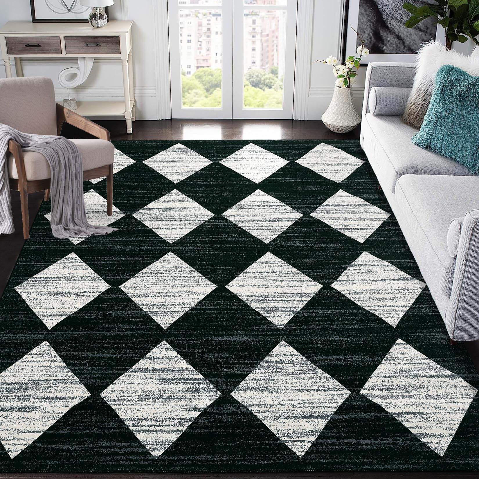 9x12 Area Rug Geometric Rugs for Living Room Distressed Washable Rugs Modern Trellis Carpet for Bedroom Large Area Rug Moroccan Office Rug Nursery Rug Meline Checkered Rug Black and White Rug
