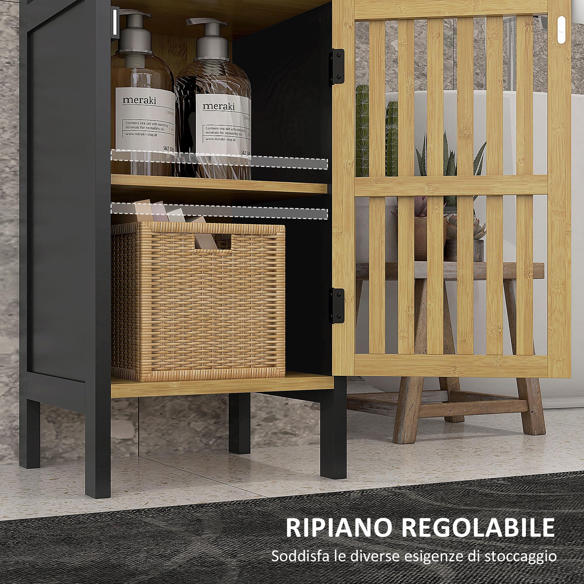 HOMCOM Mobiletto Bagno Salvaspazio con Ripiano Aperto e Armadietto con Ripiano Regolabile, Mobile da Bagno in MDF e Bambù, 32x30x90.5 cm, Nero e color Legno