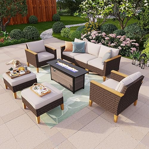 PHI VILLA 8-Piece Outdoor Sectional Patio Conversation Set with 56" Gas Fire Pit Table Table, Outdoor Rattan Furniture Patio Set for 7 Seats with Cushions, Beige
