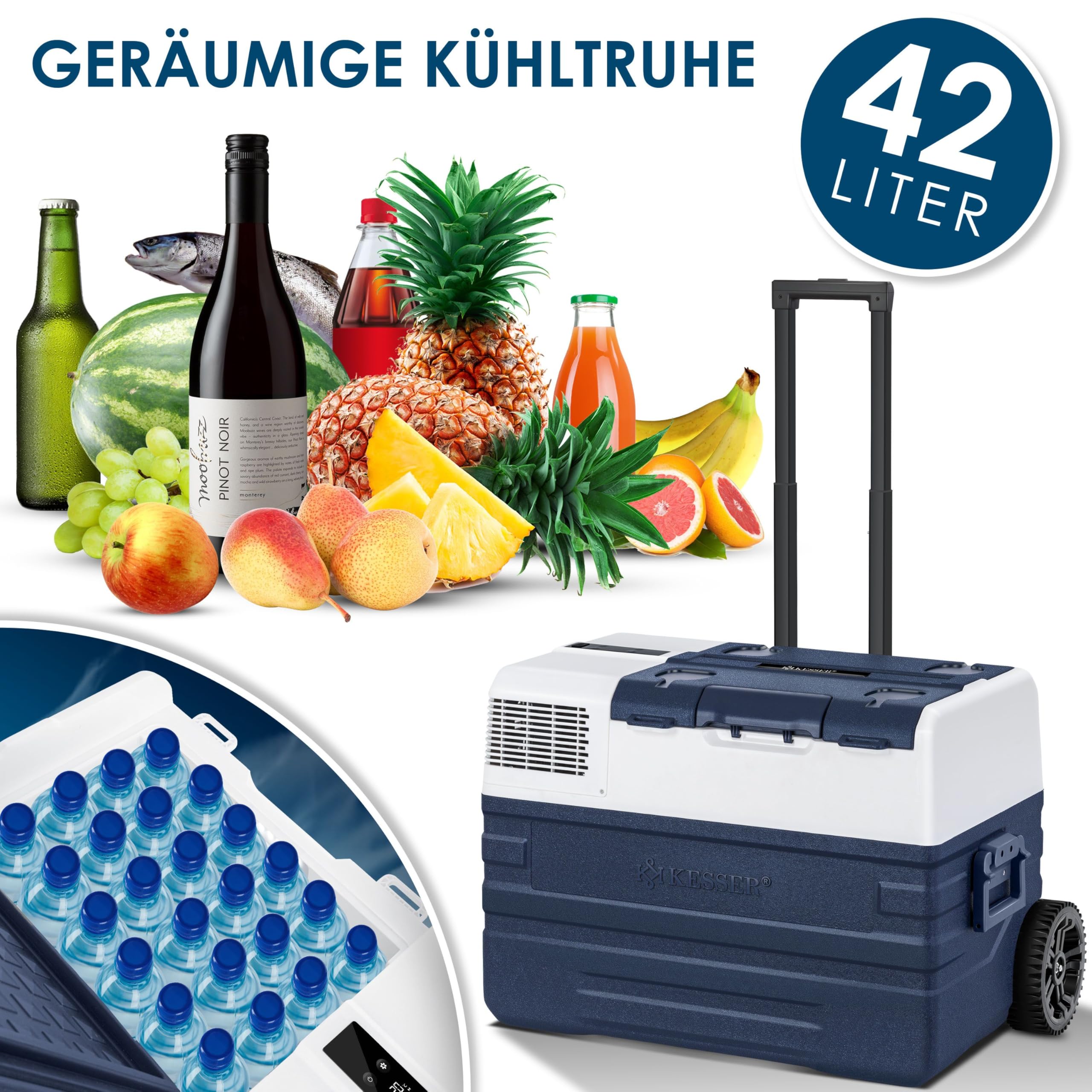 KESSER® Kompressor Kühlbox Auto elektrisch 42L, Camping Kühlbox 12/24/230V mit APP-Steuerung, Gefrierbox bis –20 °C, mit Rädern & Teleskopgriff für Camping, Wohnmobil, LKW & Boot + 2 Kühlakkus