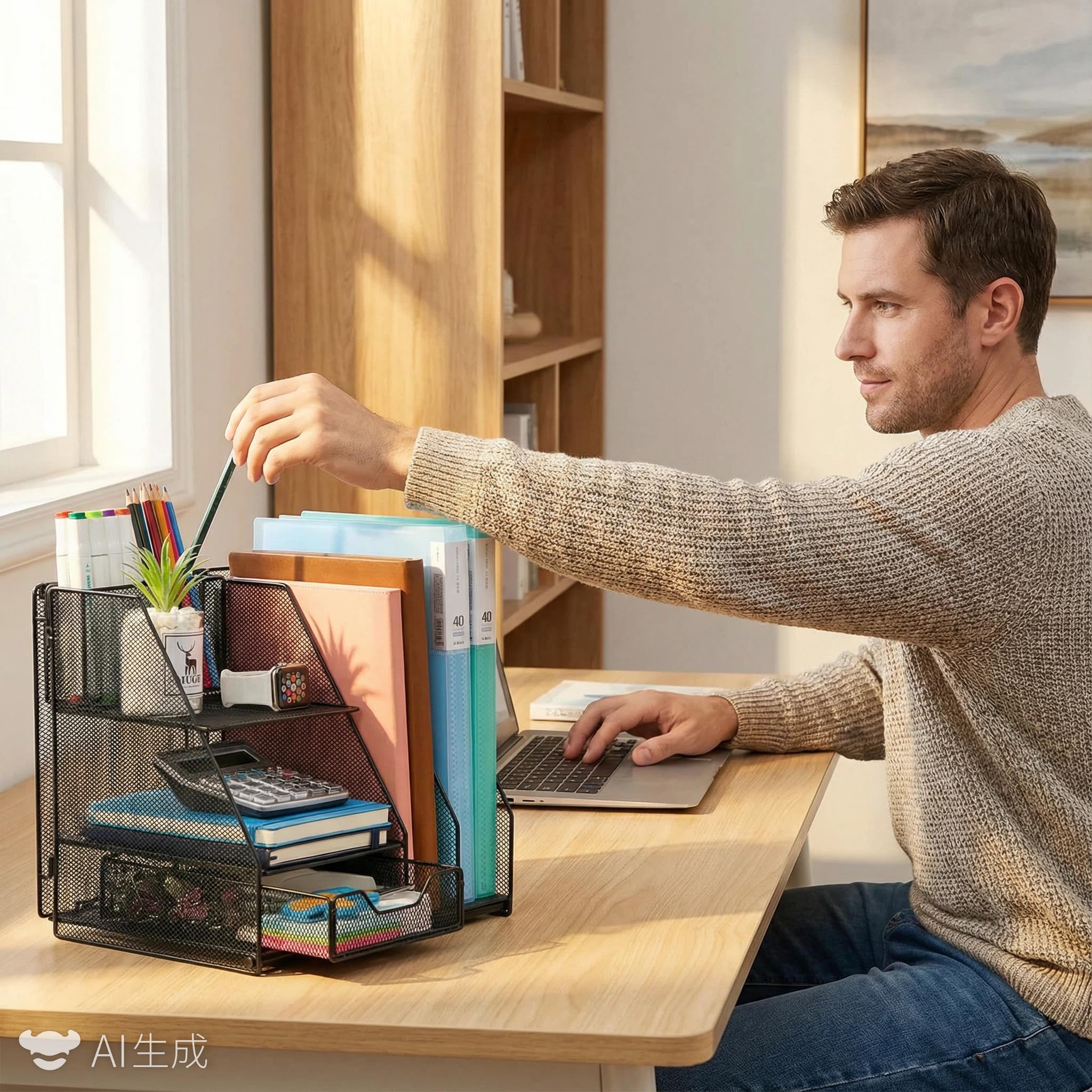 Organiseur de bureau Yungeln, Noir - Multifonctionnel & Pliable avec 2 tiroirs, porte-stylos, pour bureau & home office, porte-dossiers & rangement de documents