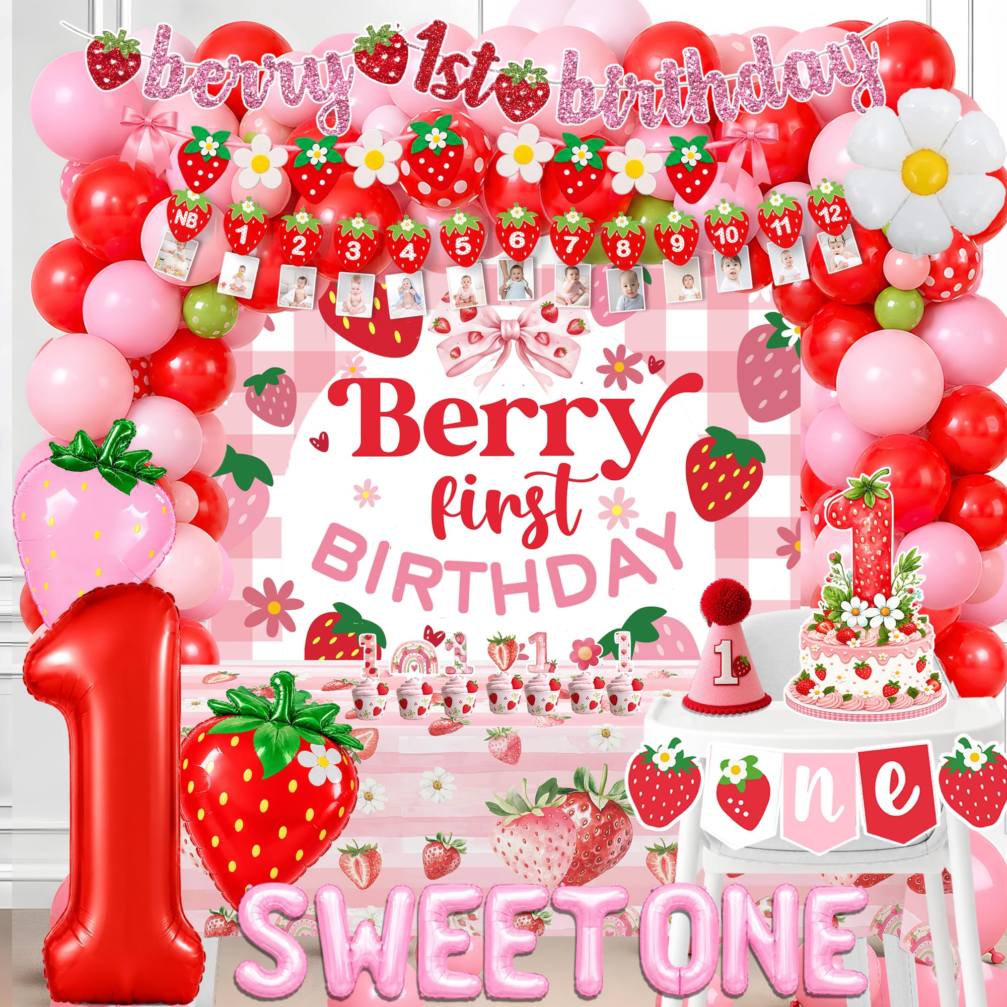 Berry First Birthday Decorations Strawberry 1st Decorations for Girls Sweet One Strawberry Decor Party Supplies include Photo Banner Highchair Banner Backdrop Tableware Set