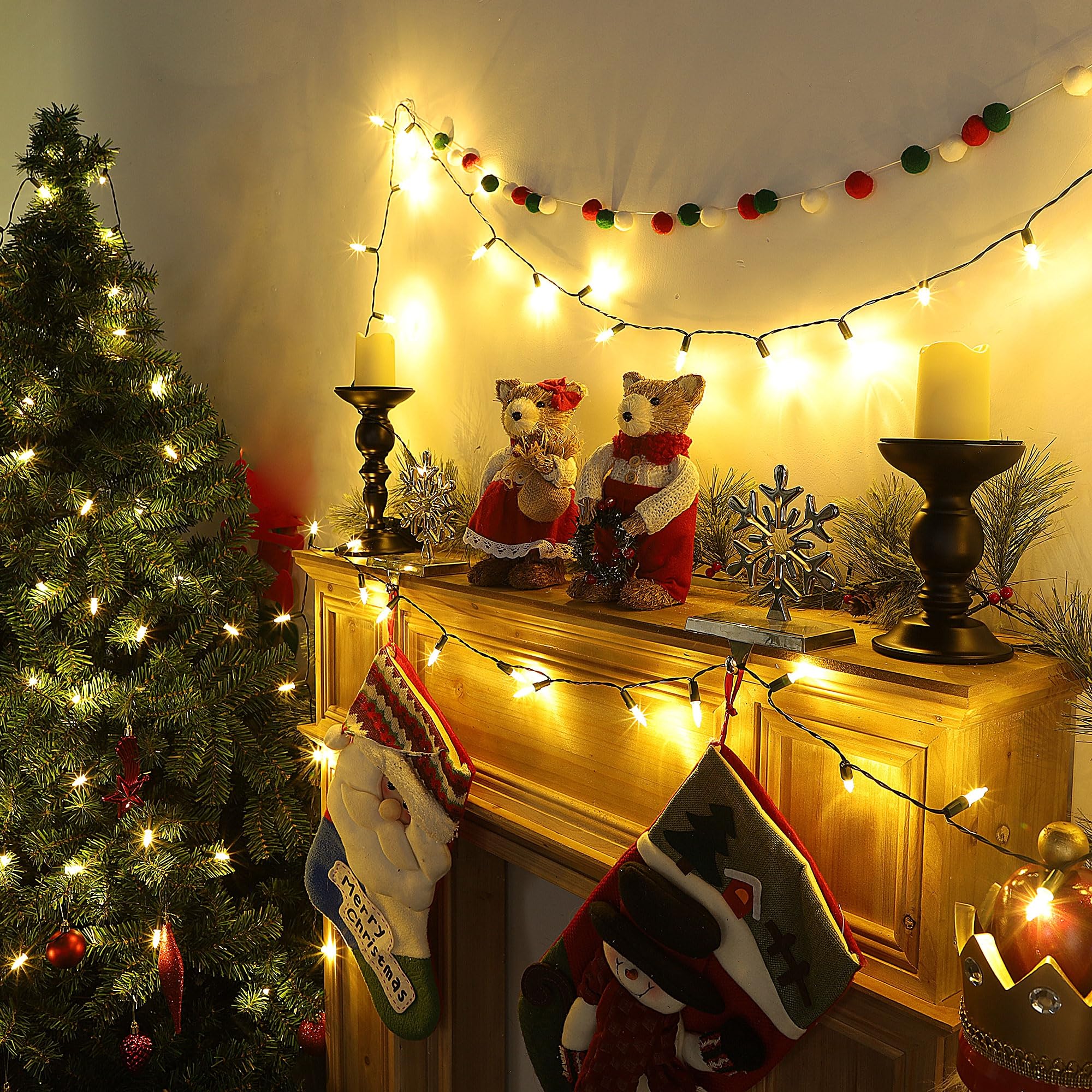 Joliyoou 4 paquetes de 50 luces LED de Navidad de color blanco cálido, 16 pies, funciona con pilas, mini cadena de luces de Navidad con 8 modos de iluminación, luces LED de Navidad para interiores y