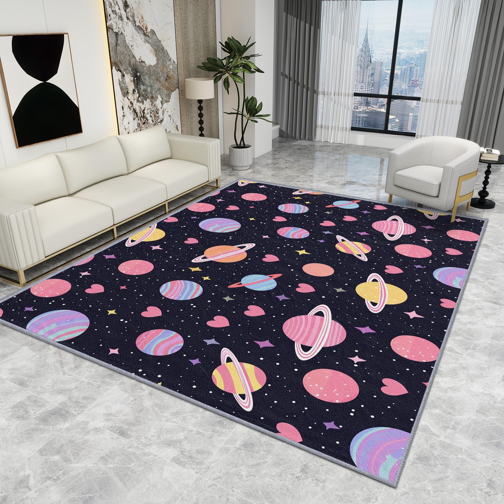 Space Rugs for Kids Bedroom - Space Rug - Cute Cartoon Planet Love Heart Rugs, Nursery Baby Multicolour Carpet, Washable Rug Non Slip Soft Large Area Rugs, Space Home Decor Gifts, 100 X 150 cm