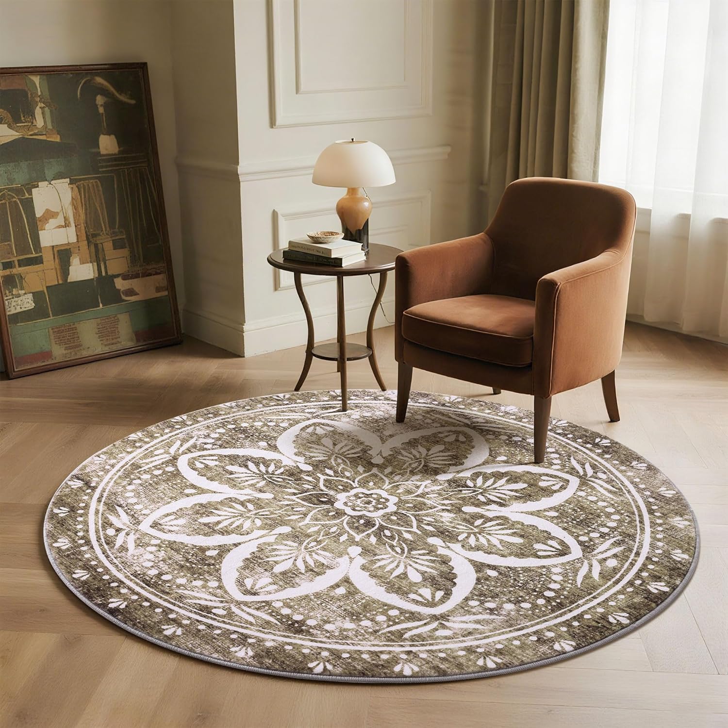 Carvapet Vintage 60 inch Round Rugs - Washable Non-Slip Circle Rug with Rubber Backing Foldable Low Pile Design for Living Room Bedroom, 5 ft Brown Rug