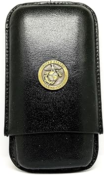 Genuine Leather US Marines Cigar Case 3-Finger with 3 Cigar Holders - Pocket-sized Cigar Case for Travel, Gifts for Men Black
