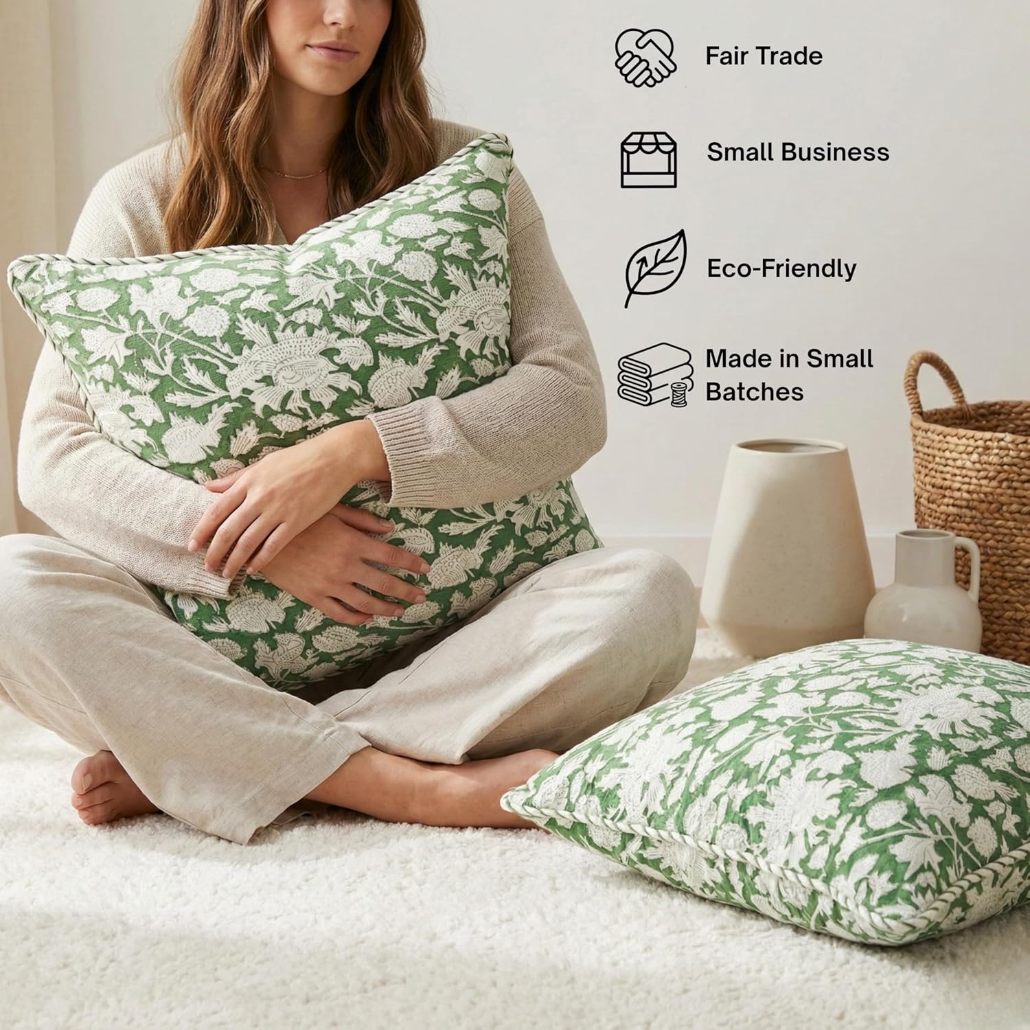 ATOSII Block Print Throw Pillow Covers, 20 X 20 - Set of 2, Decorative Couch Pillows for Living Room Bed Sofa, 100% Cotton Canvas Pillow Case for Home Decor & Outdoors, Preppy Throws - Meraki Green