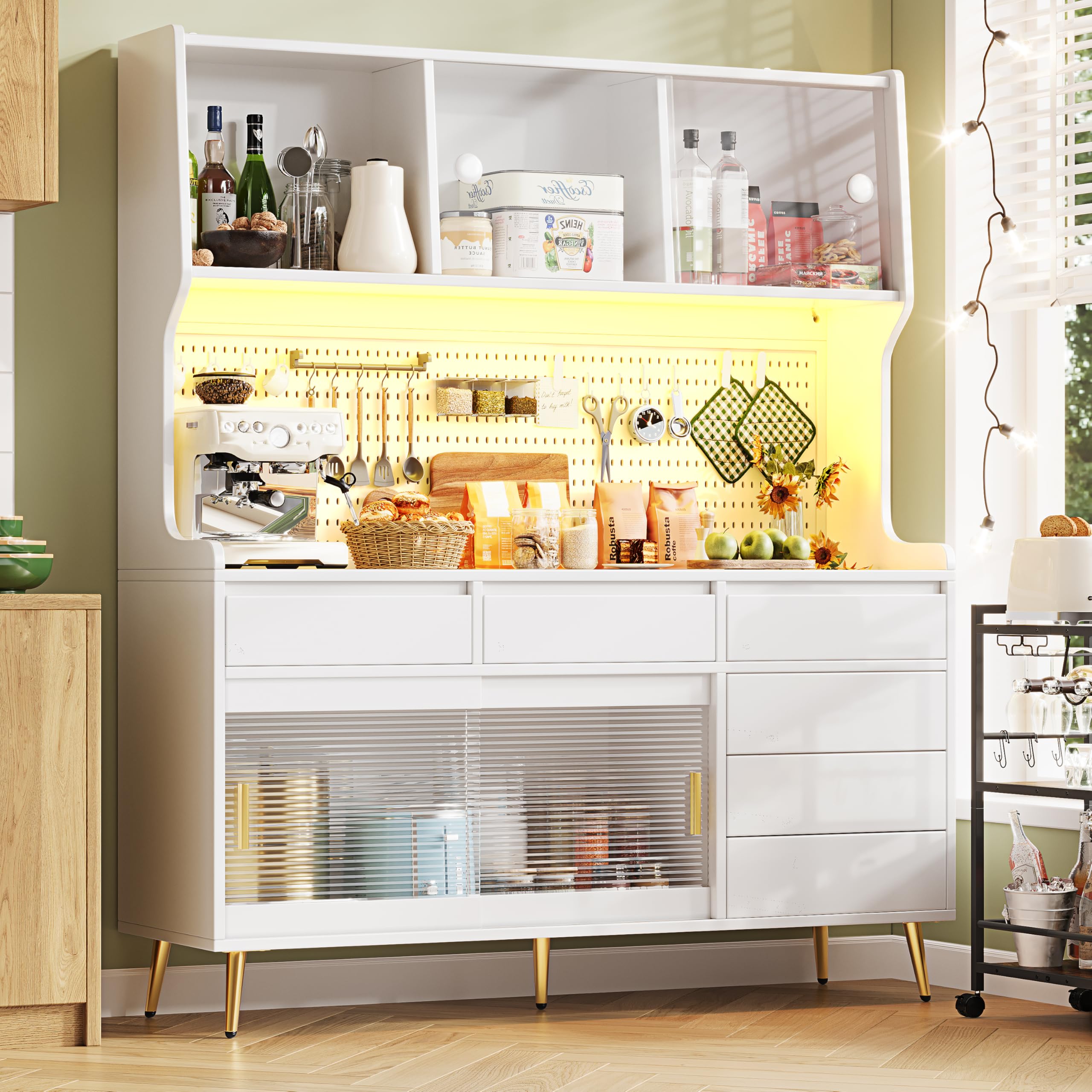 Mobile alto moderno, 145 x 39 x 171 cm, bianco, con armadio da cucina o armadio da sala da pranzo con cassetto, credenza con ripiano con parete forata